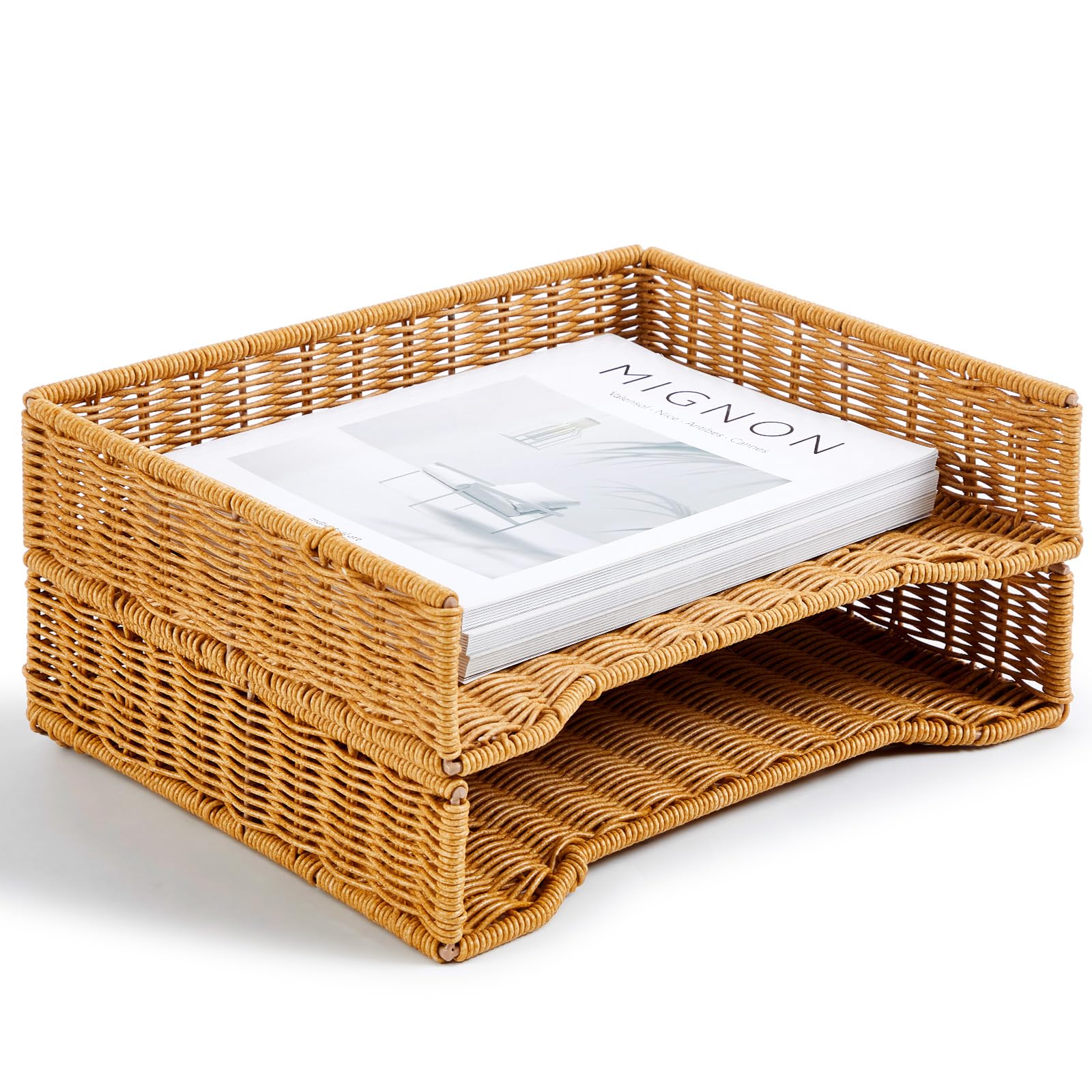 Yeaqee 2 Pcs Paper Tray Organizer for Desk Woven Letter File Organizer A4 File Tray Desk Paper Basket Letter Size Imitation Rattan Holder Organization Rack for Office Storage(Brown,Wheat Ear Pattern)