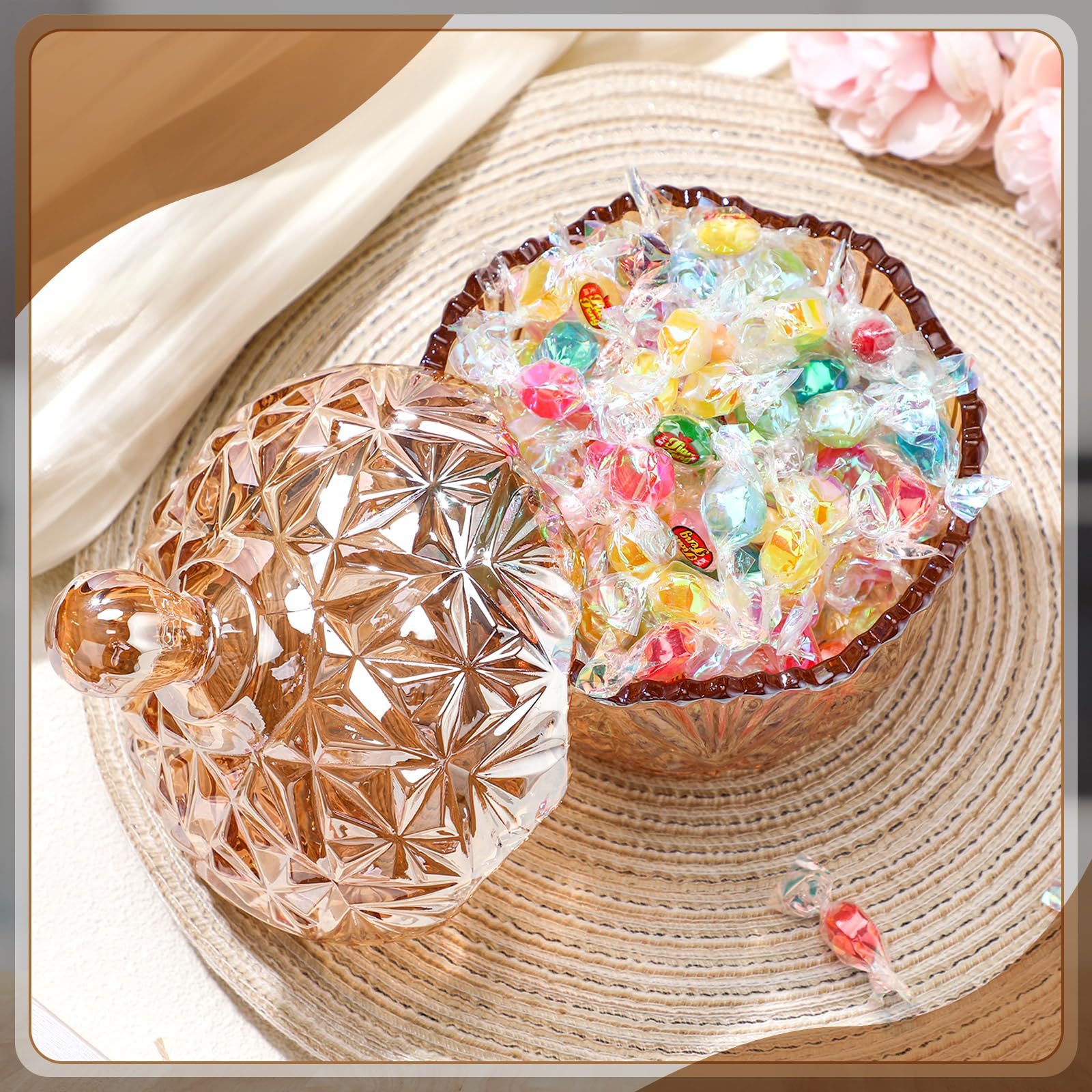DoubleFill 26 oz Large Glass Candy Dish with Lids Crystal Candy Jar with Lid Halloween Decorative Covered Glass Jar Jewelry Box Wedding Buffet Biscuit Containers for Snacks(Amber,Classic)