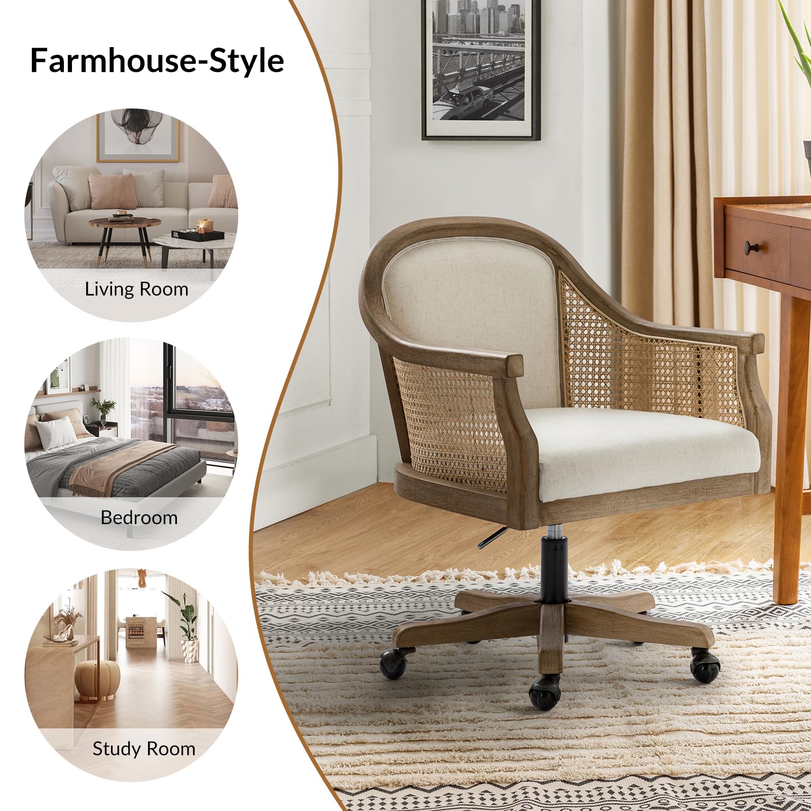 TINA'S HOME Rattan Desk Chair, Upholstered Home Office Chair with Armrest, Adjustable Swivel Rolling Height Computer Task Chair for Living Room Bedroom Study Room, Ivory