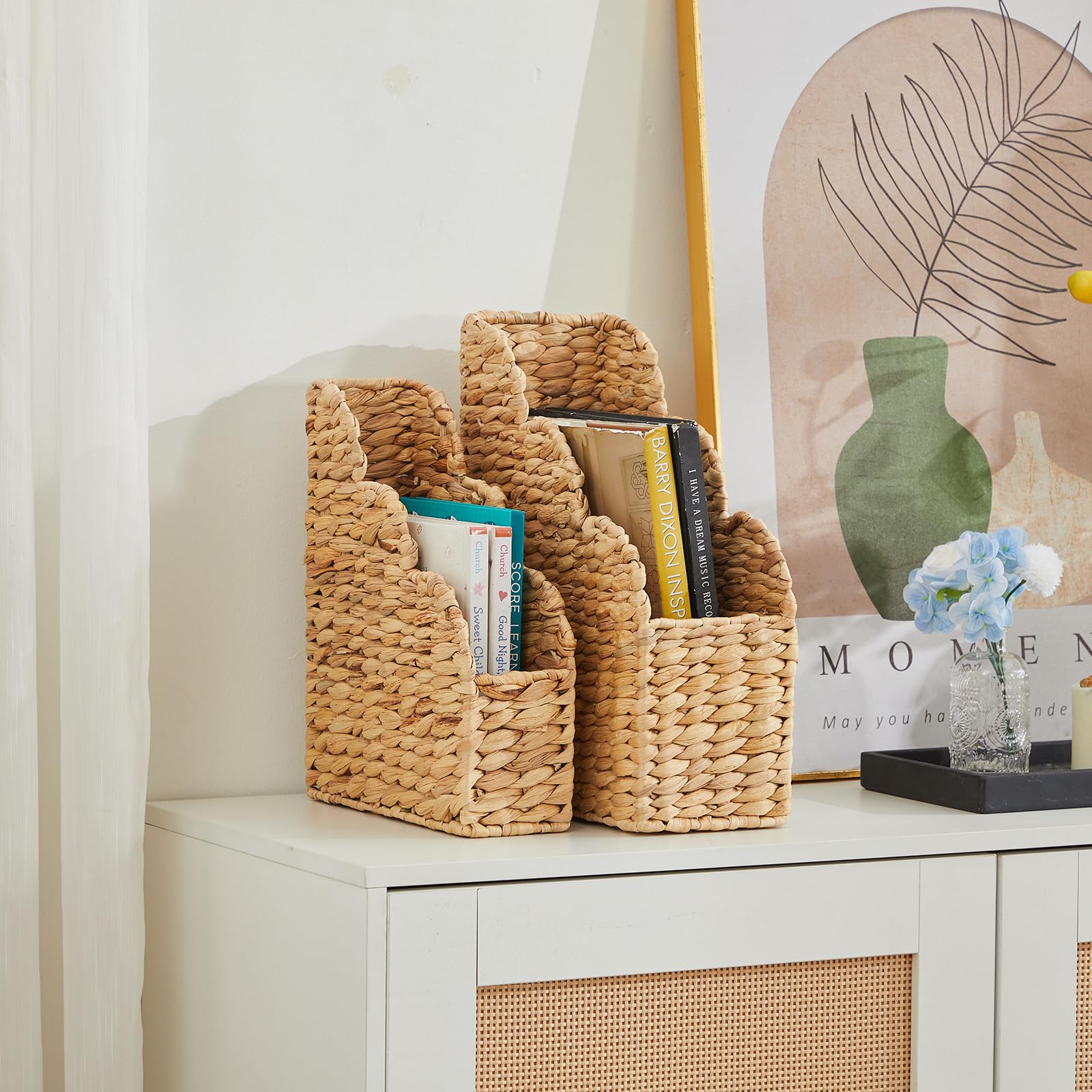 BROWNLILY Water Hyacinth Magazine Holders with Scalloped Edge - Natural Handwoven Rattan Storage Baskets Set of 2 (Large & Small) for Books, Home Office Decor