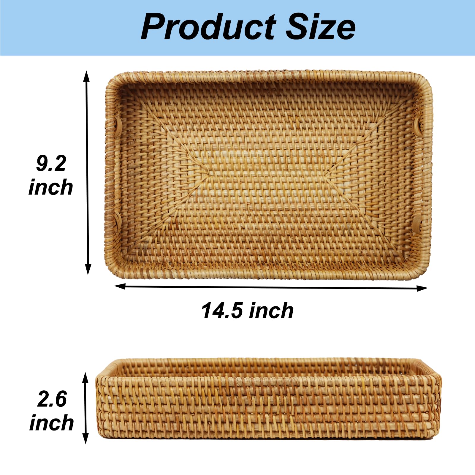 Rattan Serving Tray, Rectangle Coffee Table Tray with Handles, Decorative Ottoman Tea Tray Wicker Basket for Coffee, Bread, Fruits, Snacks, Breakfast, Drinks, Table Decor