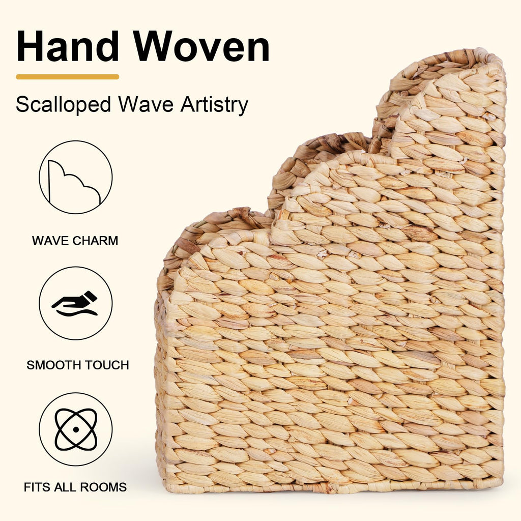 BROWNLILY Water Hyacinth Magazine Holders with Scalloped Edge - Natural Handwoven Rattan Storage Baskets Set of 2 (Large & Small) for Books, Home Office Decor