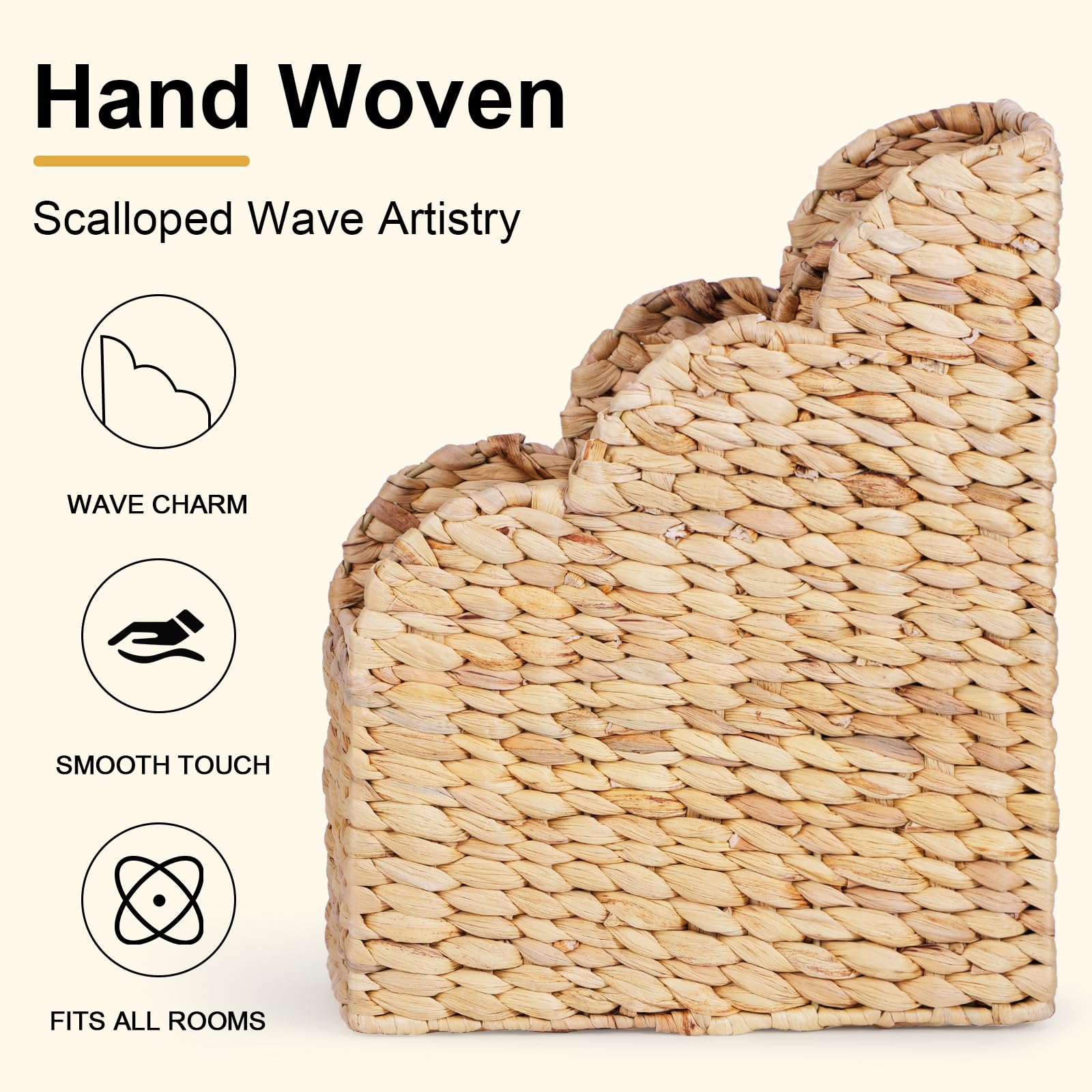 BROWNLILY Water Hyacinth Magazine Holders with Scalloped Edge - Natural Handwoven Rattan Storage Baskets Set of 2 (Large & Small) for Books, Home Office Decor