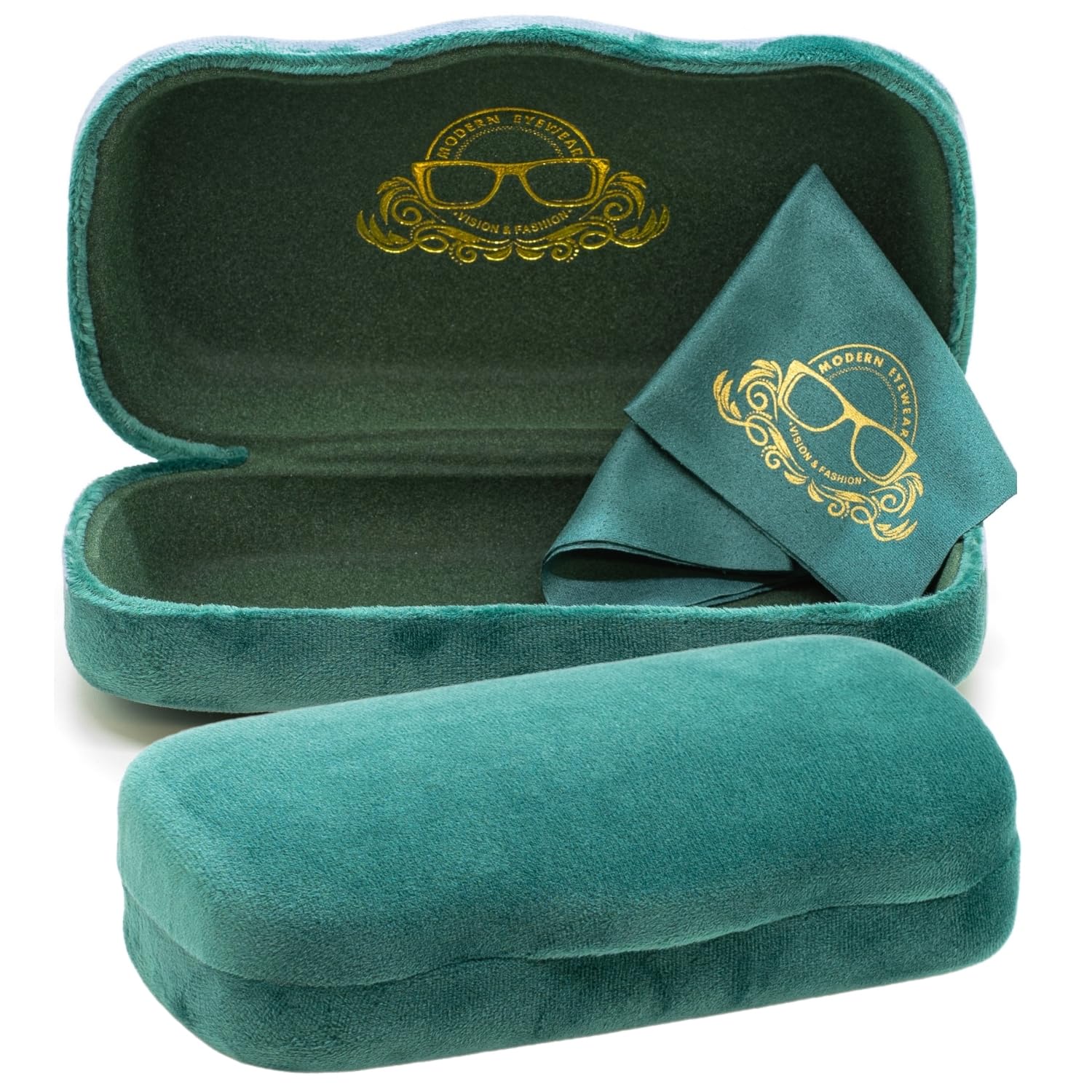 Modern Eyewear Large Hard Shell Glasses Case with Cleaning Cloth - Green Velvet Protective Eyeglass Case for Sunglasses & Reading Glasses - Lightweight, Crush-Resistant - Design for Men & Women