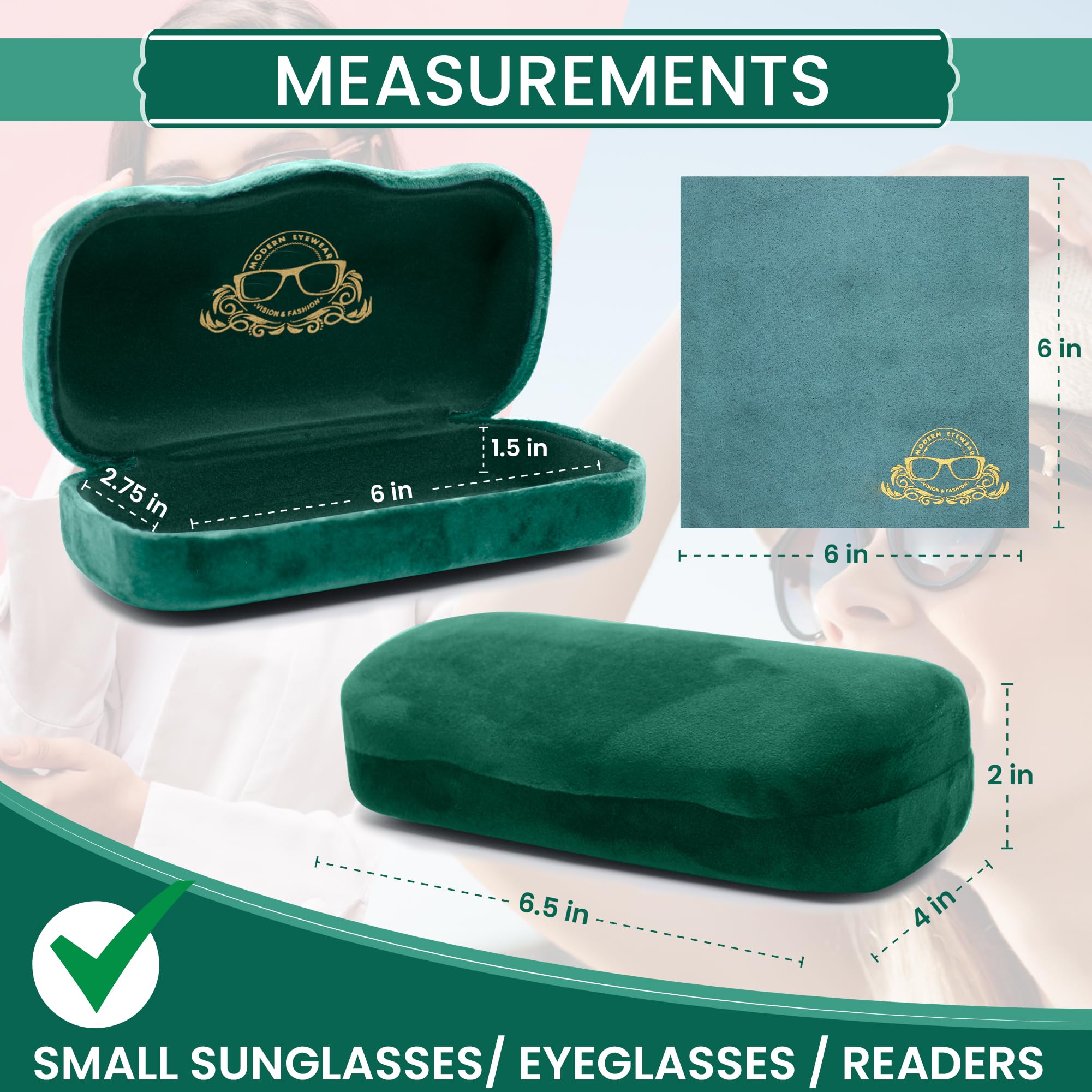Modern Eyewear Large Hard Shell Glasses Case with Cleaning Cloth - Green Velvet Protective Eyeglass Case for Sunglasses & Reading Glasses - Lightweight, Crush-Resistant - Design for Men & Women
