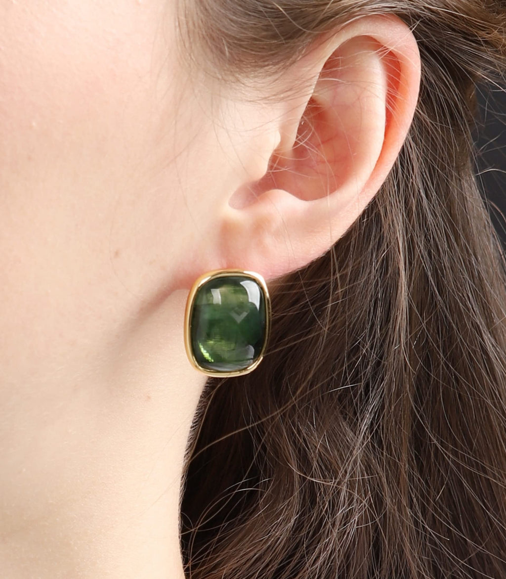 M.DUN- Round Edges Rectangle Shape Studs Earring. Abalone Amber Turquoise Resin Stone Design/18k Real Gold Plated Bezel, Hypoallergenic Gorgeous Gift for Women (green)