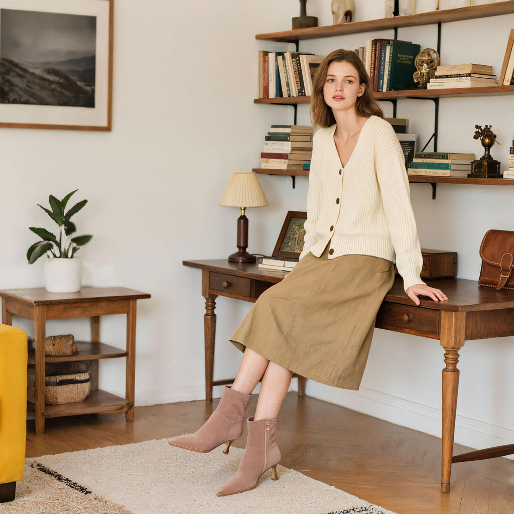 Goiphrri Brown Ankle Boots for Women Stiletto High Heel Boot Pointed Toe Short Booties Side Zipper Dress Kitten Heel Booties Elastic Fashion Trendy Fall Boots Size 7.5