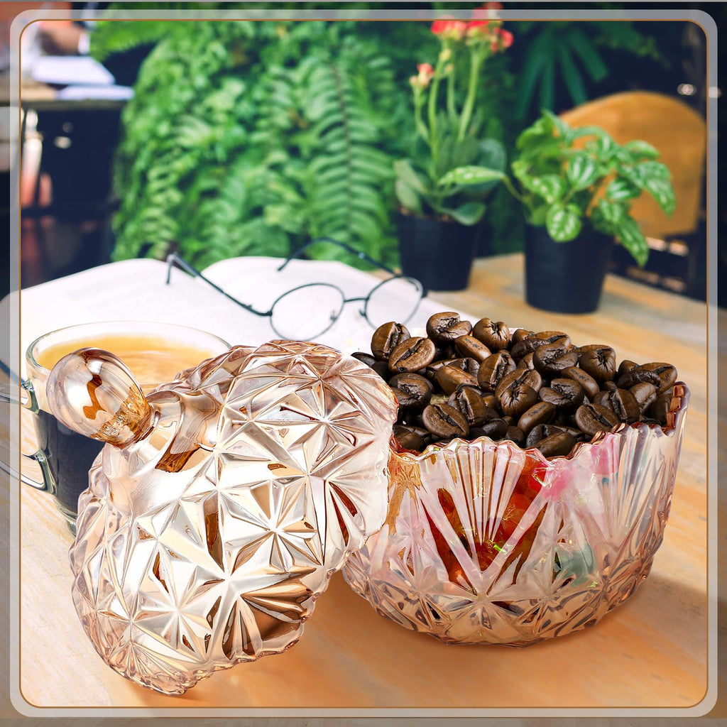 DoubleFill 26 oz Large Glass Candy Dish with Lids Crystal Candy Jar with Lid Halloween Decorative Covered Glass Jar Jewelry Box Wedding Buffet Biscuit Containers for Snacks(Amber,Classic)