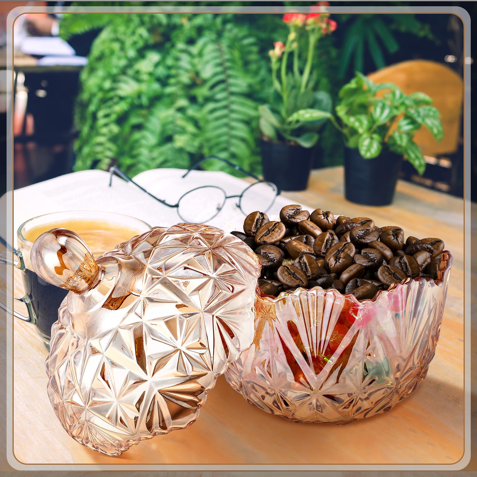 DoubleFill 26 oz Large Glass Candy Dish with Lids Crystal Candy Jar with Lid Halloween Decorative Covered Glass Jar Jewelry Box Wedding Buffet Biscuit Containers for Snacks(Amber,Classic)