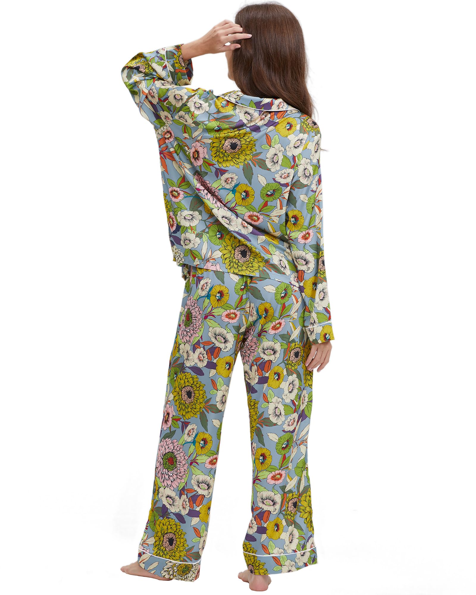 YiNi LuLu Womens Silk Satin Pajamas Set Button Down 2 Piece Pjs Set For Women Long Sleeve Oversized Sleepwear with Pockets