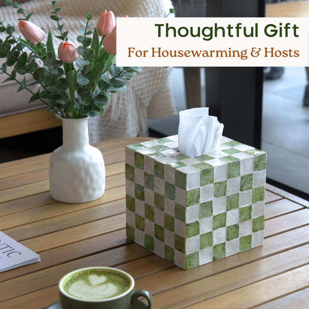 CHI AN HOME 5.7" Square Tissue Box Cover, Handmade Checkered Cube Tissue Box Cover with Capiz Shells, Decorative Tissue Holder for Living Room, Bathroom, Bedroom or Office (Pistachio Green)