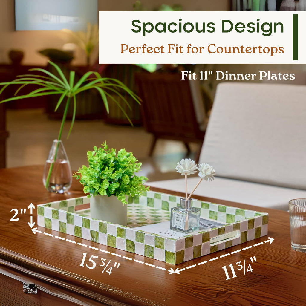 CHI AN HOME Decorative Checkered Tray with Handles, Handmade Tray with Natural Capiz Shells, Serving Tray for Ottoman, Coffee Table, Kitchen Counter Home Decor (Pistachio Green, 15.8" x 11.8")