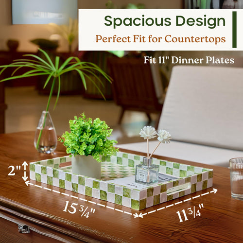 CHI AN HOME Decorative Checkered Tray with Handles, Handmade Tray with Natural Capiz Shells, Serving Tray for Ottoman, Coffee Table, Kitchen Counter Home Decor (Pistachio Green, 15.8" x 11.8")