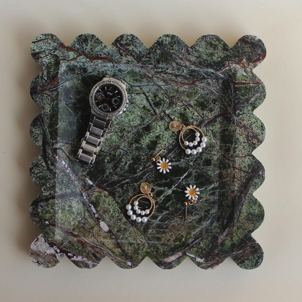 Natural Luxury Marble Tray with Scalloped Edge, Handmade Square Decorative Tray, Catch All Tray for Counter, Dresser, Nightstand and Home Décor (Rain Forest Green)