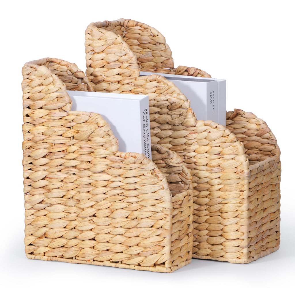 BROWNLILY Water Hyacinth Magazine Holders with Scalloped Edge - Natural Handwoven Rattan Storage Baskets Set of 2 (Large & Small) for Books, Home Office Decor