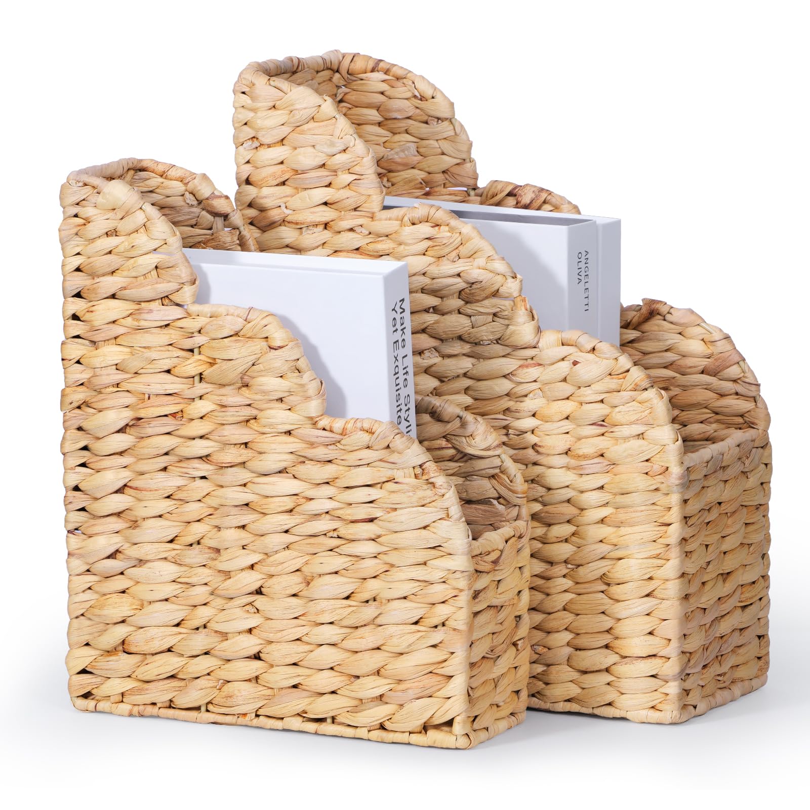 BROWNLILY Water Hyacinth Magazine Holders with Scalloped Edge - Natural Handwoven Rattan Storage Baskets Set of 2 (Large & Small) for Books, Home Office Decor