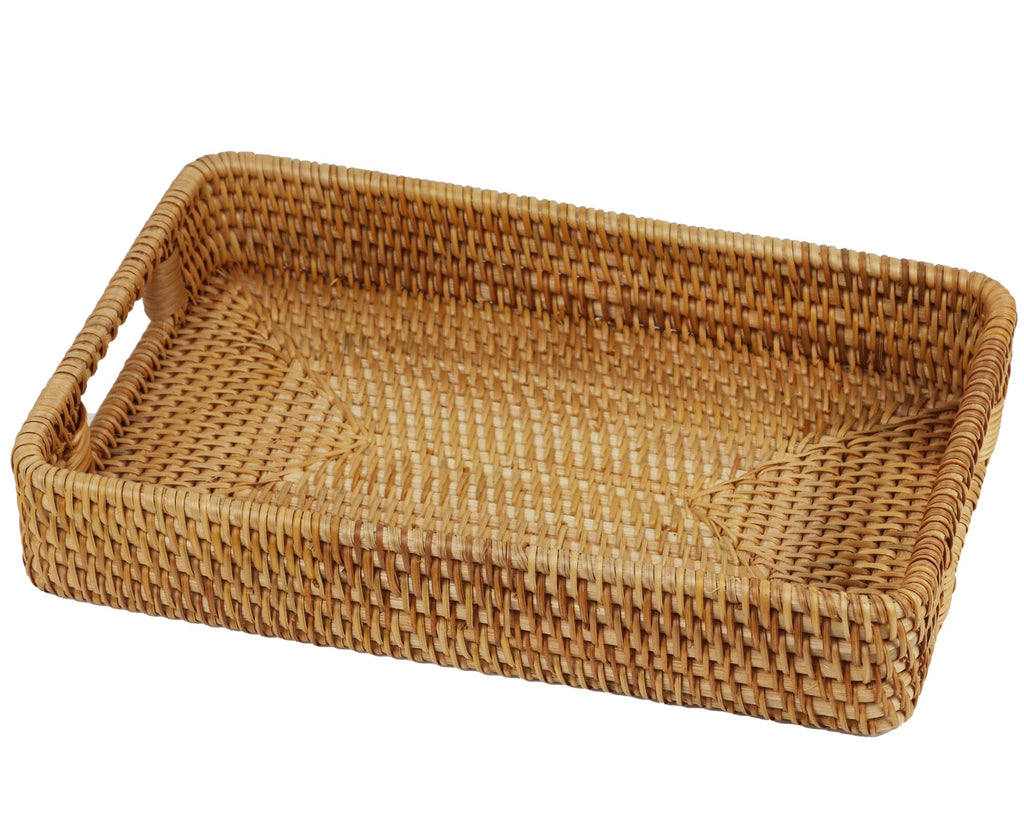 Rattan Serving Tray, Rectangle Coffee Table Tray with Handles, Decorative Ottoman Tea Tray Wicker Basket for Coffee, Bread, Fruits, Snacks, Breakfast, Drinks, Table Decor
