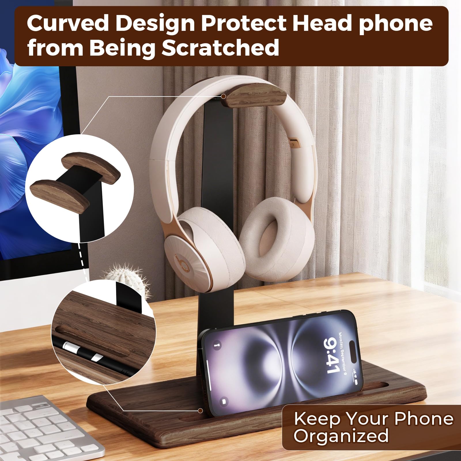 DEMEGA Walnut Headset Stand for Desk with Phone Holder | Headphone Stand Headphone Holder (Dark Walnut)