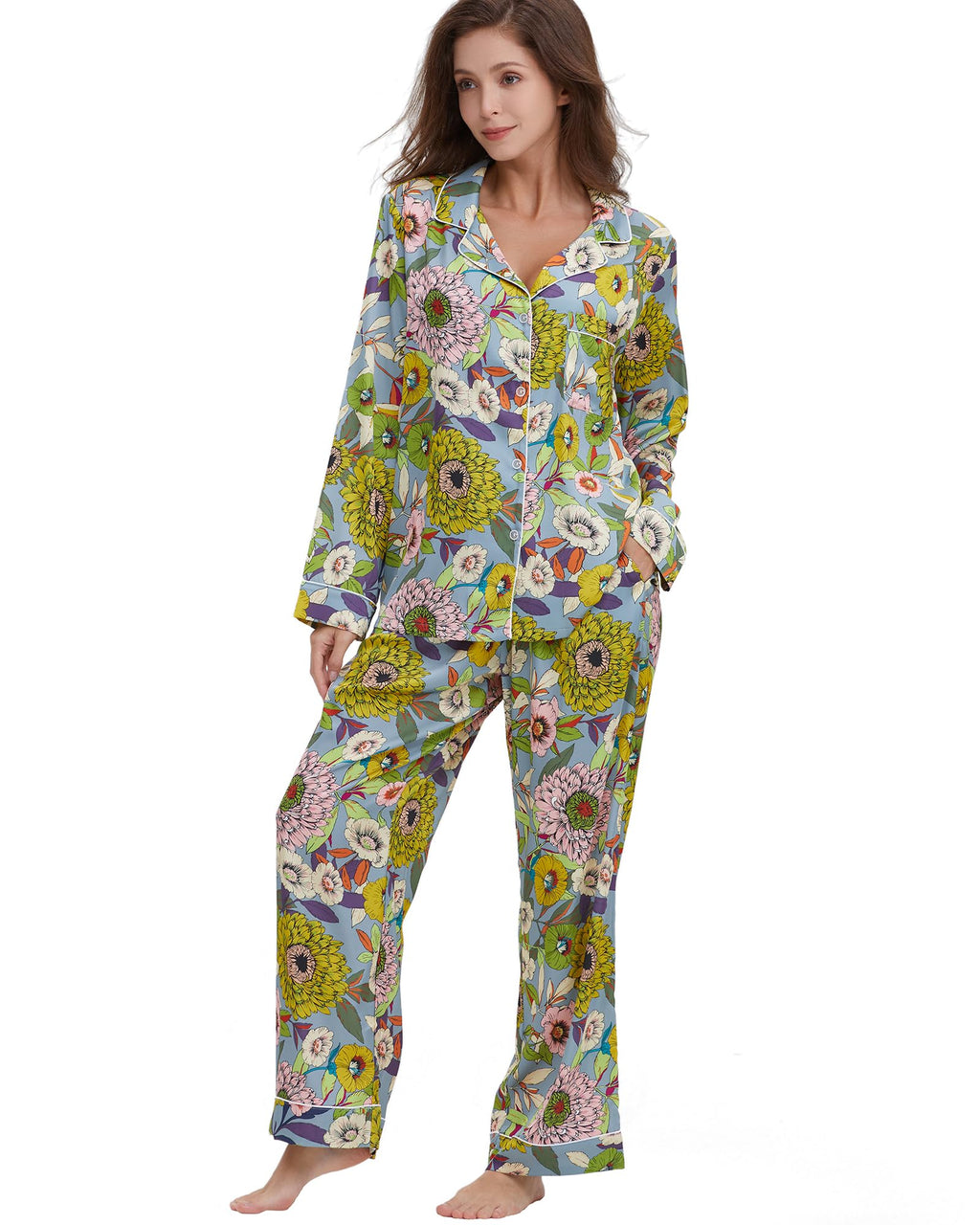YiNi LuLu Womens Silk Satin Pajamas Set Button Down 2 Piece Pjs Set For Women Long Sleeve Oversized Sleepwear with Pockets