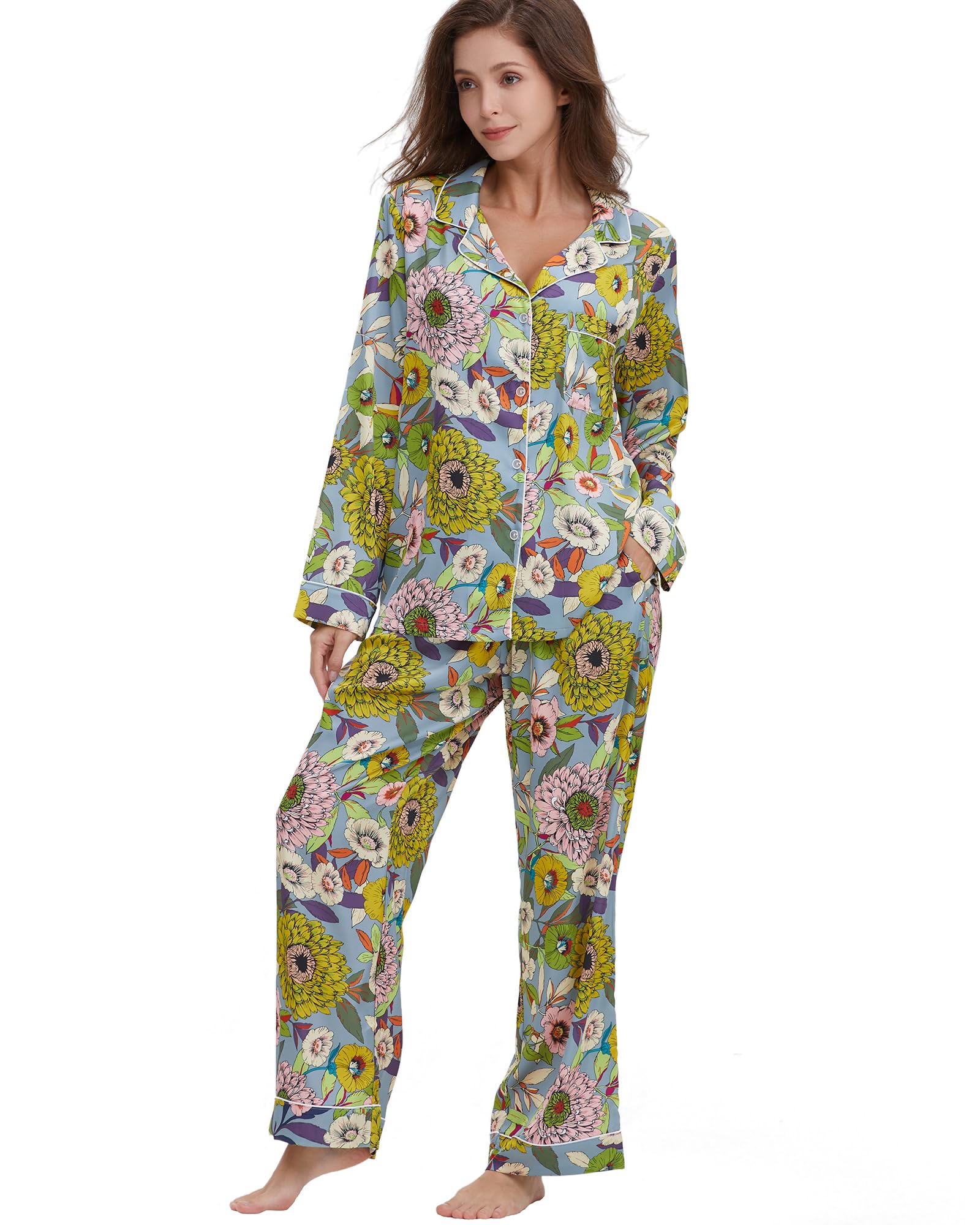 YiNi LuLu Womens Silk Satin Pajamas Set Button Down 2 Piece Pjs Set For Women Long Sleeve Oversized Sleepwear with Pockets