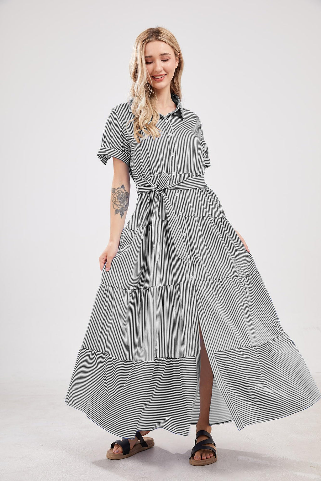 utcoco Womens Casual Short Sleeve Button Down Tie Waist Ruffled Striped Maxi Shirt Dress (Small, Black)