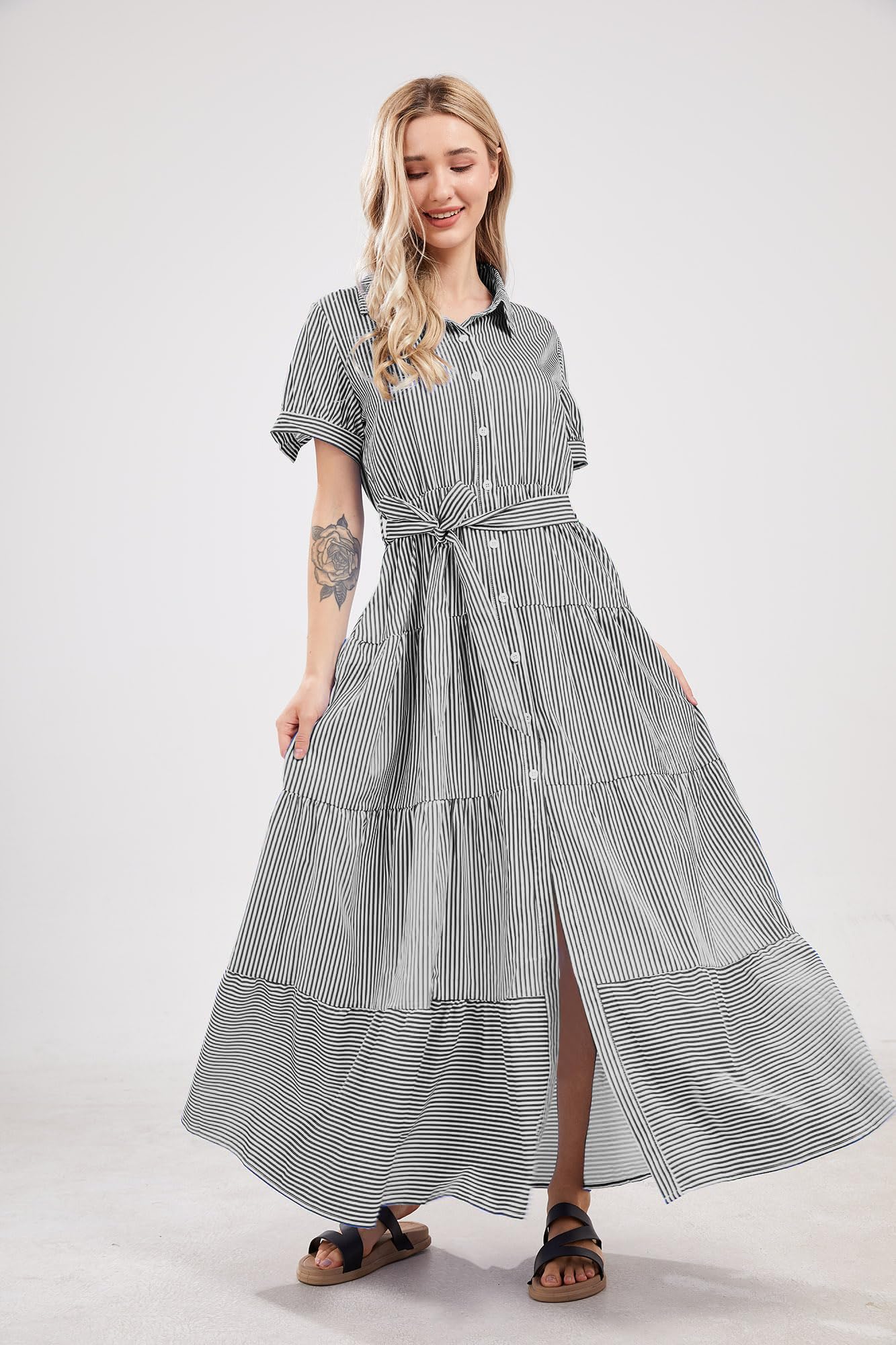 utcoco Womens Casual Short Sleeve Button Down Tie Waist Ruffled Striped Maxi Shirt Dress (Small, Black)
