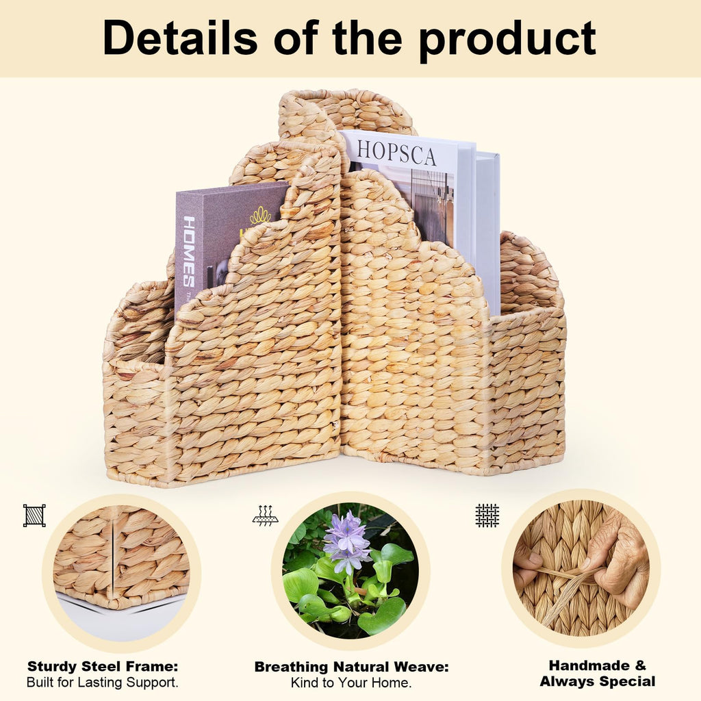 BROWNLILY Water Hyacinth Magazine Holders with Scalloped Edge - Natural Handwoven Rattan Storage Baskets Set of 2 (Large & Small) for Books, Home Office Decor