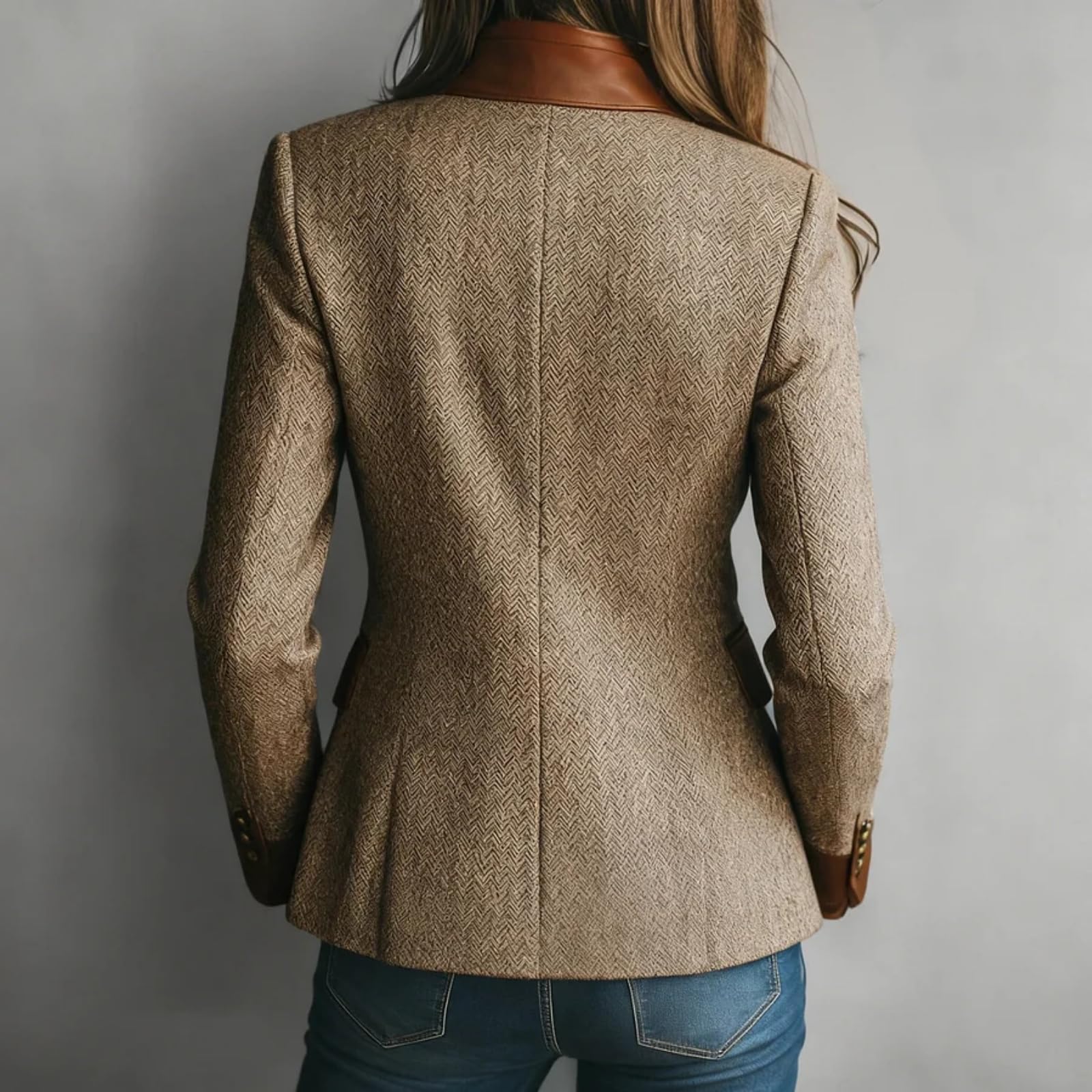 Tweed Blazers For Women, Vintage Eco Leather Trim Pocket Tweed Jacket Long Sleeve Stand Collar Slim Fit Herringbone Jackets (Brown,Medium)