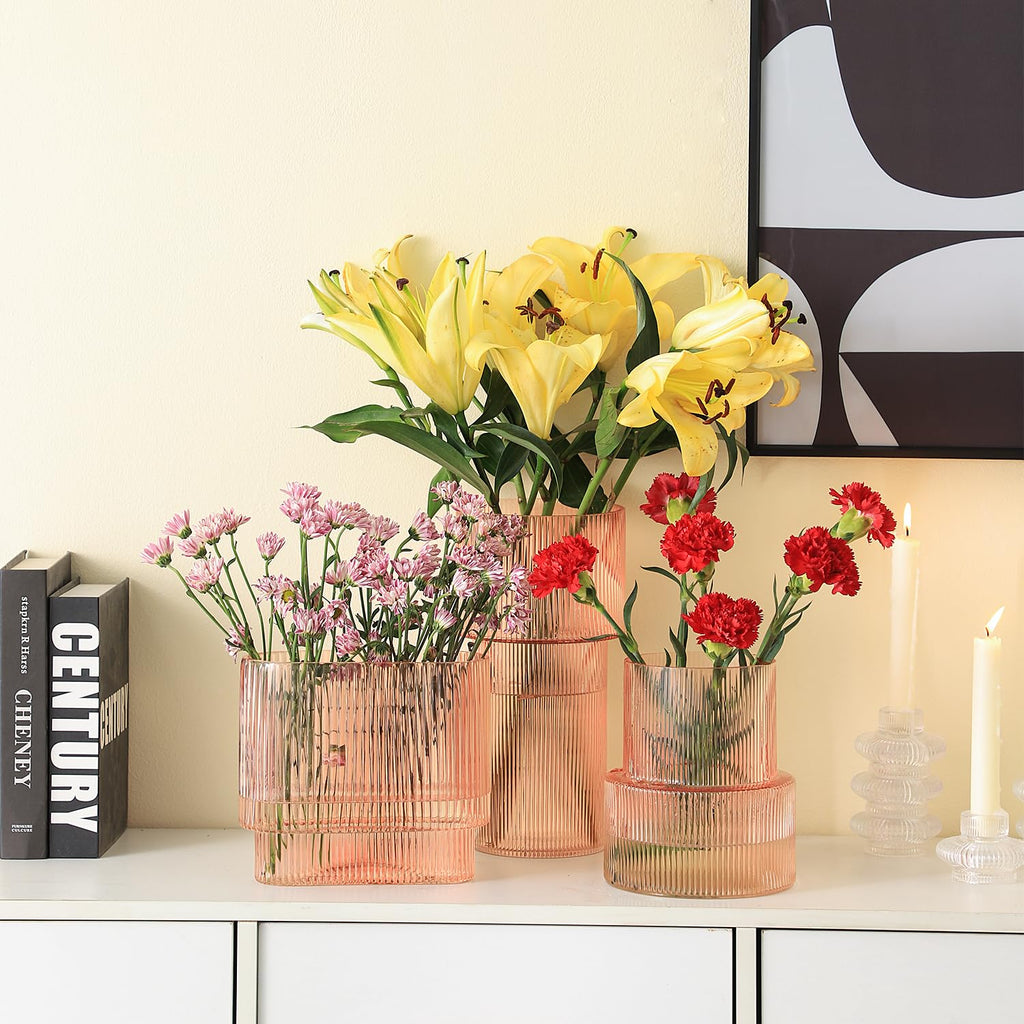 YANWE1 Ribbed Glass Vase, Pink Glass Vase, Fluted Glass Vases for Flower, Pink Modern Vases for Living Room, Dining Room, Bathroom, Desk, Shelf, Wedding, Office, 7 Inches