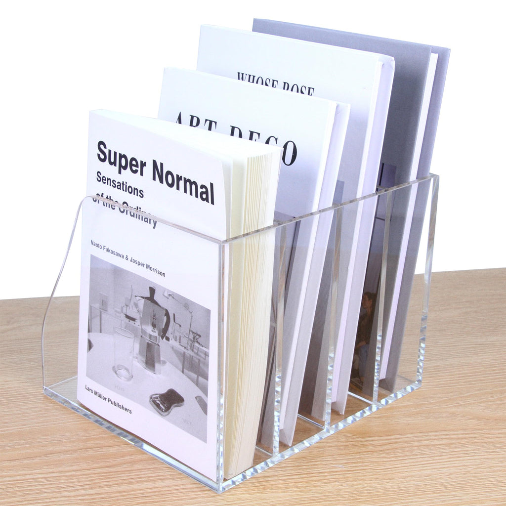 AIMOLLY Acrylic Magazine File Holder, 4 Vertical Compartments Desk Document Sorter Organizer, Clear Folder Rack Binder for Office/Home/Classroom, for Documents, Tablet, Magazines, Books & Accessories