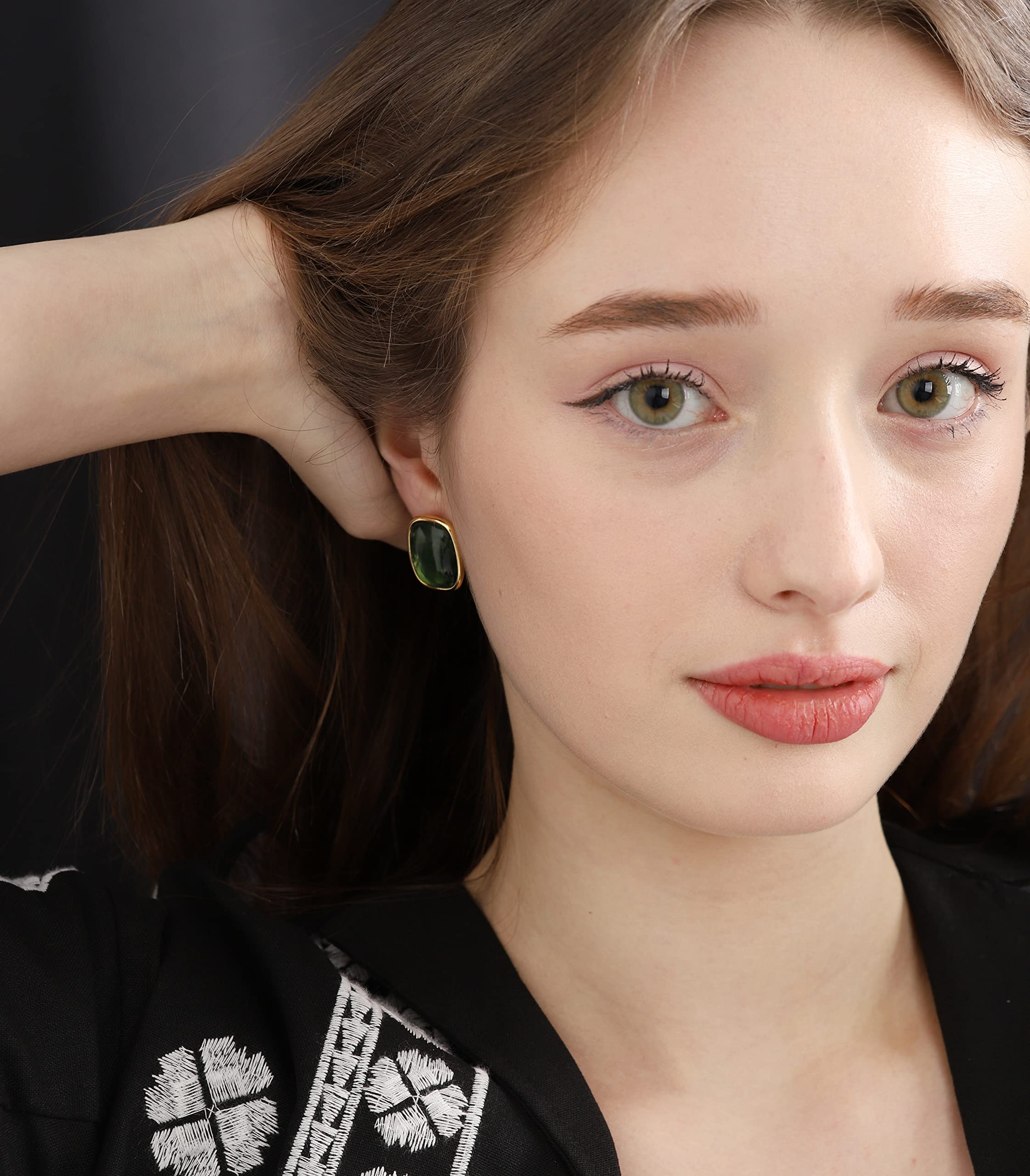 M.DUN- Round Edges Rectangle Shape Studs Earring. Abalone Amber Turquoise Resin Stone Design/18k Real Gold Plated Bezel, Hypoallergenic Gorgeous Gift for Women (green)