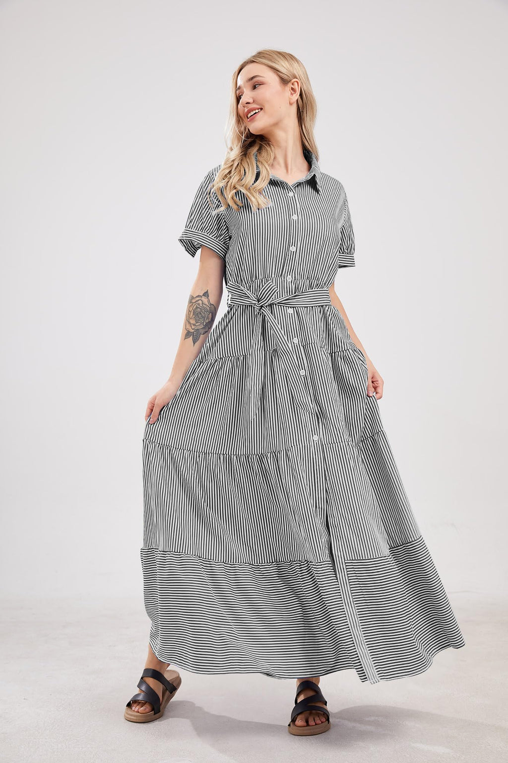 utcoco Womens Casual Short Sleeve Button Down Tie Waist Ruffled Striped Maxi Shirt Dress (Small, Black)