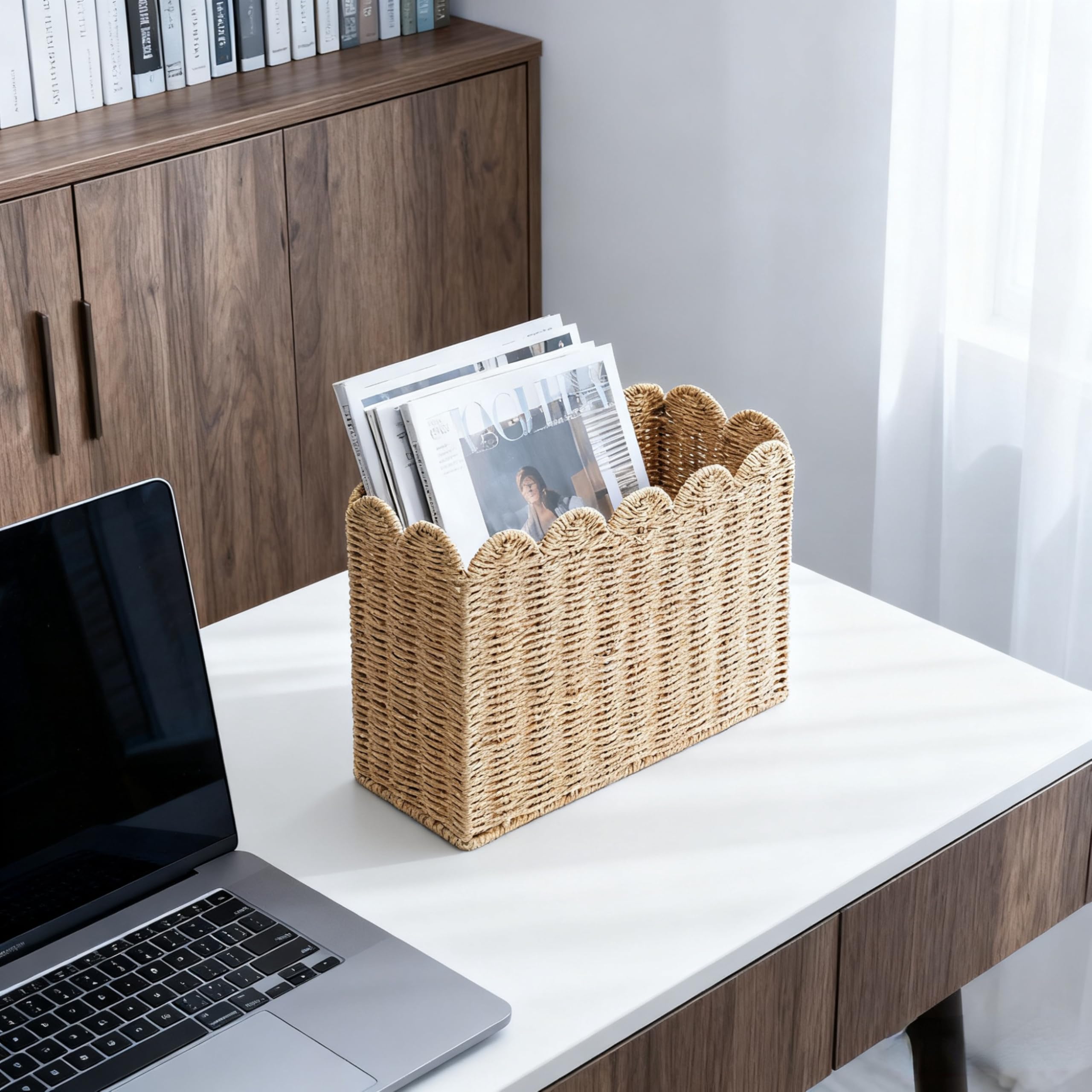 Scalloped Edge Khaki Paper Rope Floor Magazine Holder Basket, Woven Magazine Rack for Office & Home Office, Magazine File Holder Organizer for Mail, Newspapers, Books