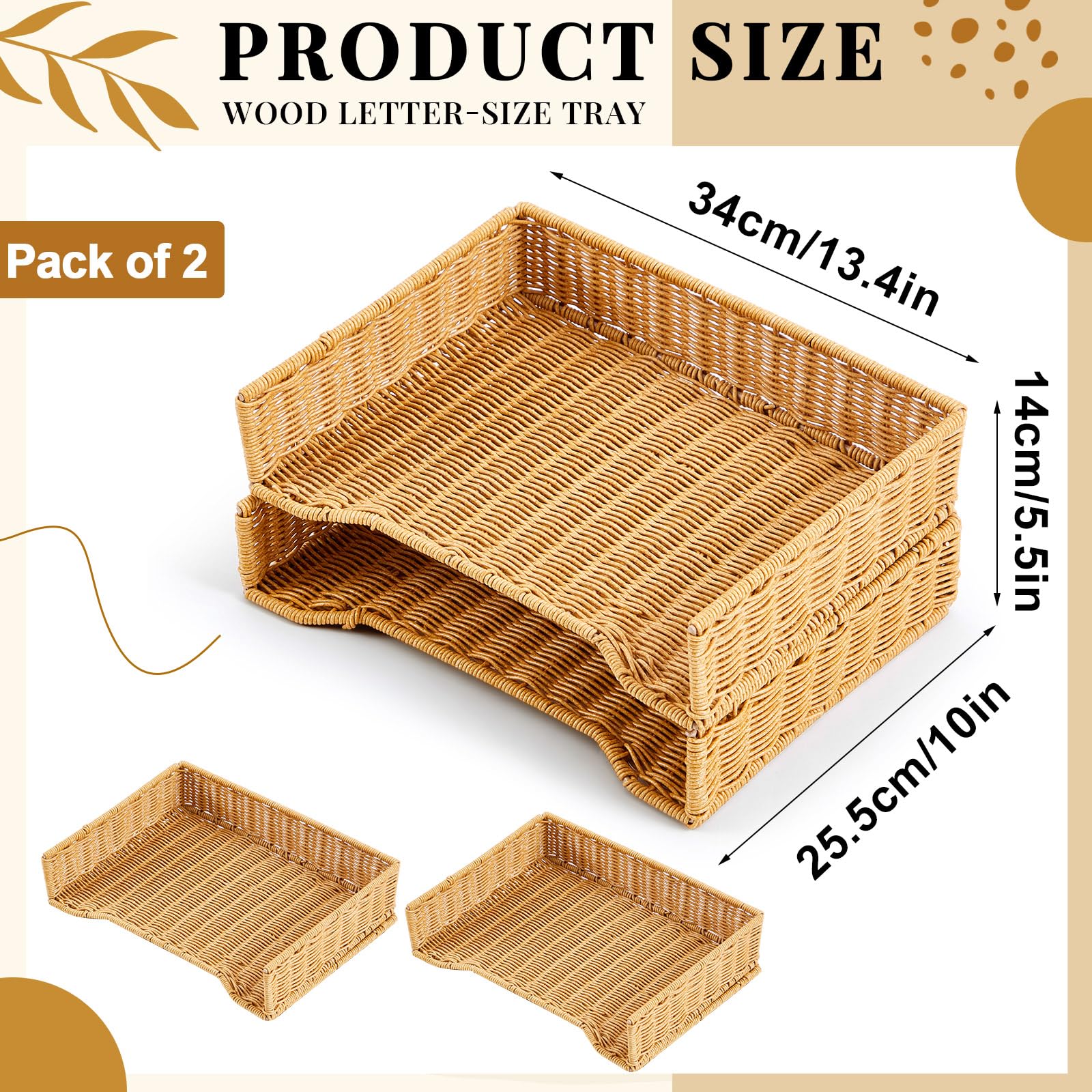 Yeaqee 2 Pcs Paper Tray Organizer for Desk Woven Letter File Organizer A4 File Tray Desk Paper Basket Letter Size Imitation Rattan Holder Organization Rack for Office Storage(Brown,Wheat Ear Pattern)