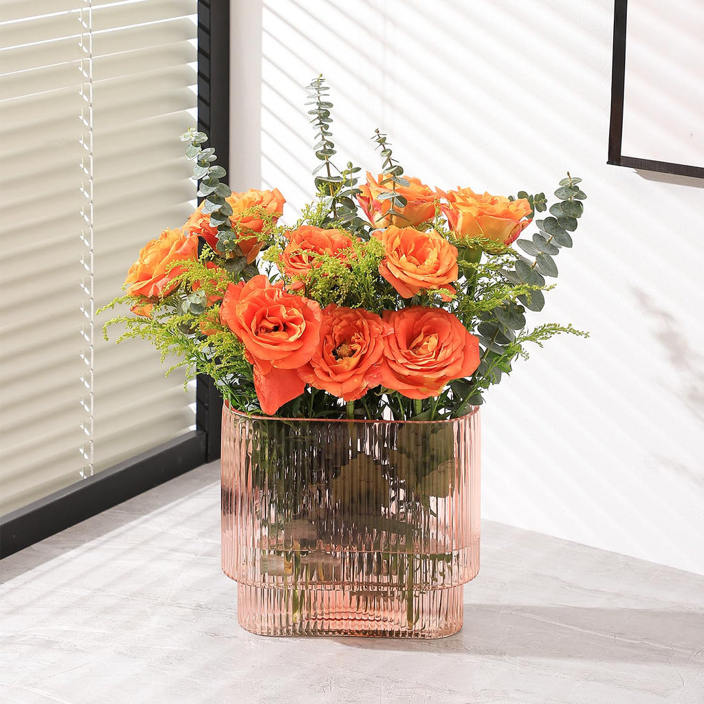 YANWE1 Ribbed Glass Vase, Pink Glass Vase, Fluted Glass Vases for Flower, Pink Modern Vases for Living Room, Dining Room, Bathroom, Desk, Shelf, Wedding, Office, 7 Inches