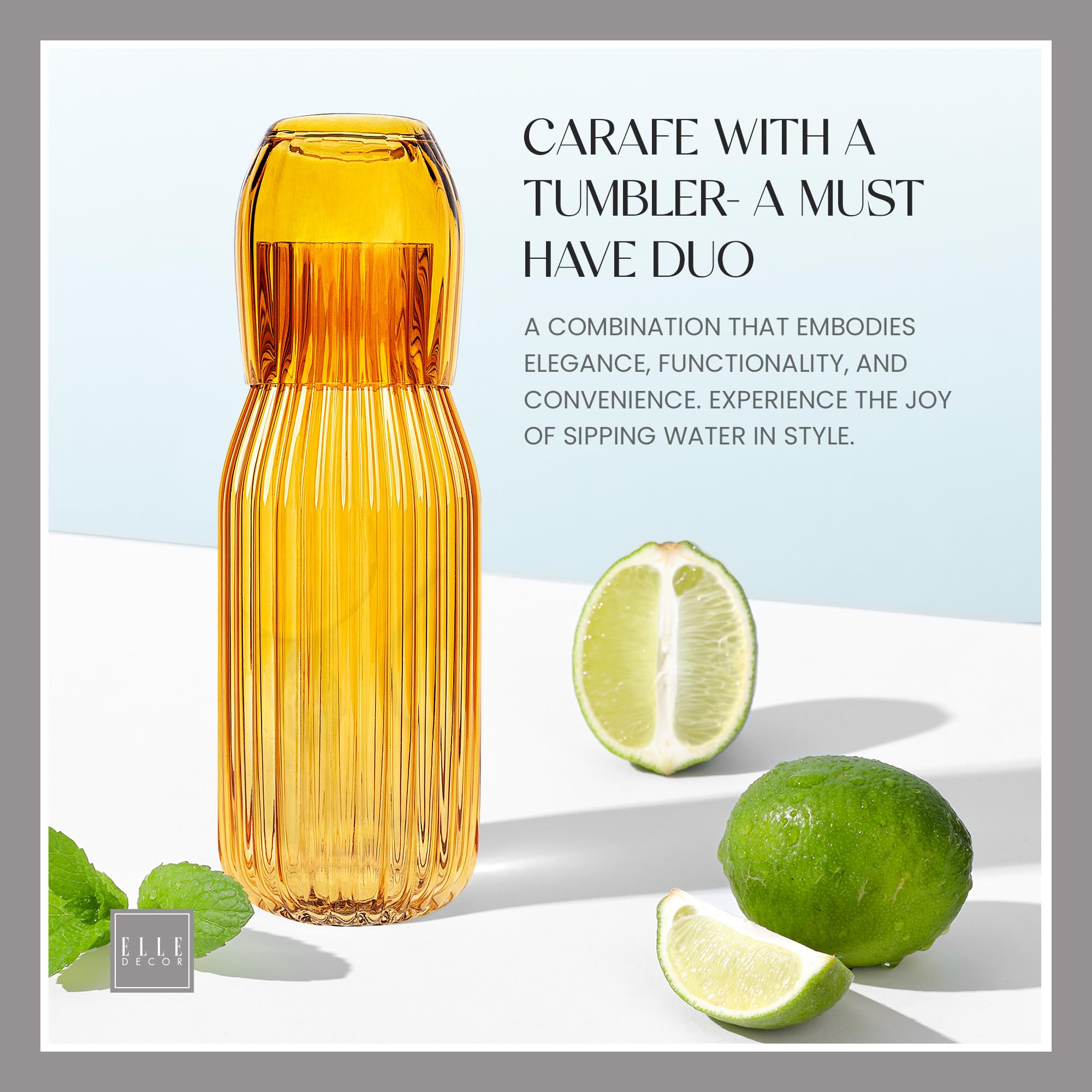 elle decor Ribbed Bedside Water Carafe with Tumbler Set | Ribbed Glass Pitcher and Matching Drinking Glass Doubles as Lid | 39-Ounce Jug for Guest Room, Office, or Gift | 4” x 9.5” (Amber)