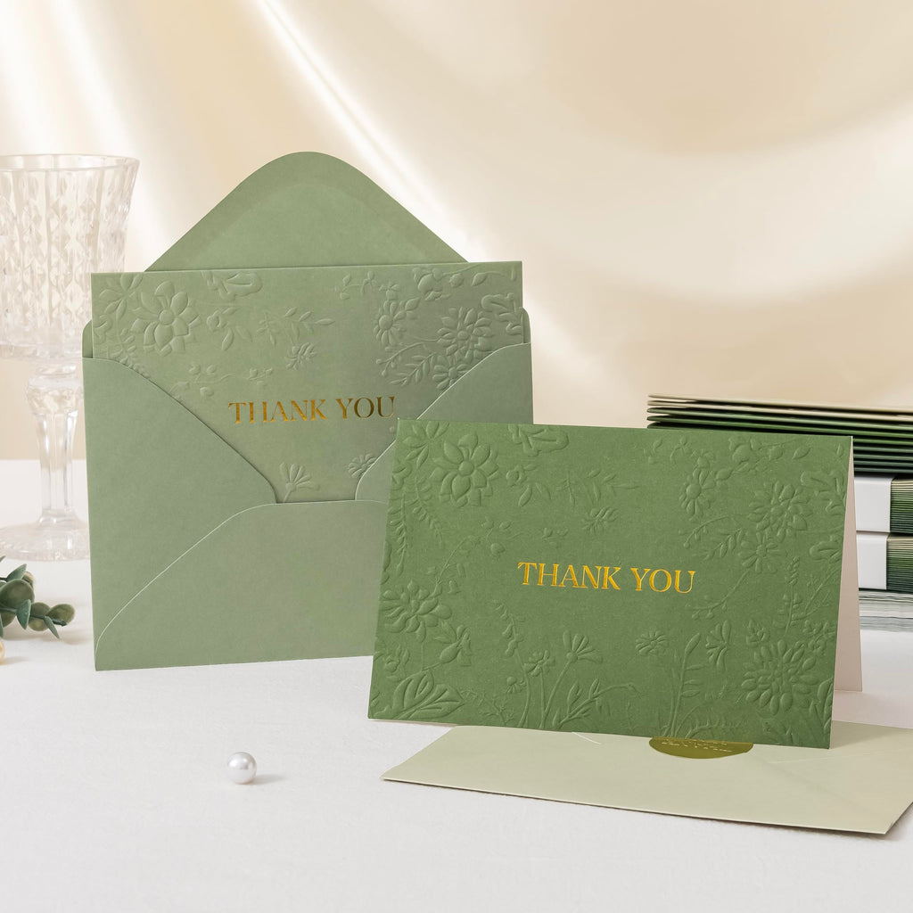 Crisky Bridal Shower Thank You Cards with Envelopes(Sage Green),50 Pack Embossed Floral Thank You Cards for Wedding, Baby Shower, Business, Graduation Party Favors Decorations