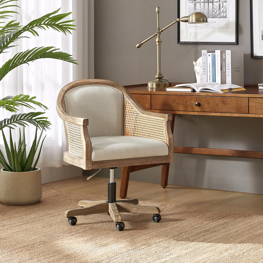 TINA'S HOME Rattan Desk Chair, Upholstered Home Office Chair with Armrest, Adjustable Swivel Rolling Height Computer Task Chair for Living Room Bedroom Study Room, Ivory