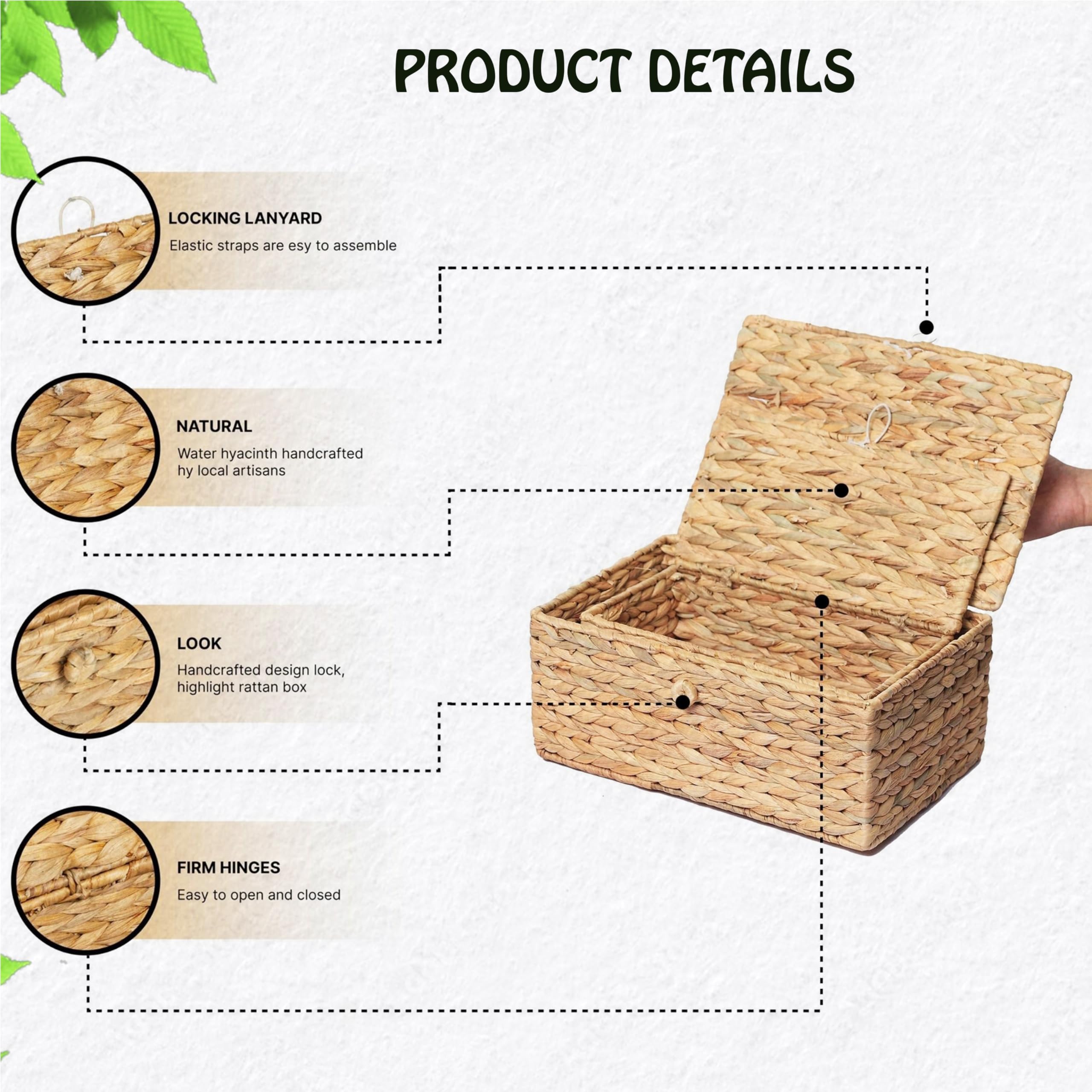 LUSYDECO Set of 2 Rectangular Wicker Storage Bins with Lid, Rattan Basket Decorative Boxes, Multipurpose Organizer Display Boxes for Shelf Organizer, Boho Rattan Box for Home Decoration