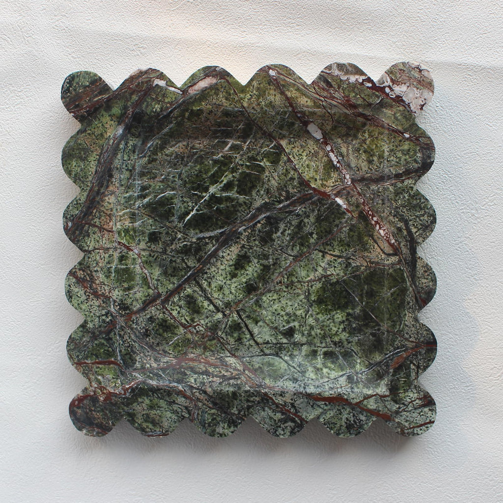 Natural Luxury Marble Tray with Scalloped Edge, Handmade Square Decorative Tray, Catch All Tray for Counter, Dresser, Nightstand and Home Décor (Rain Forest Green)