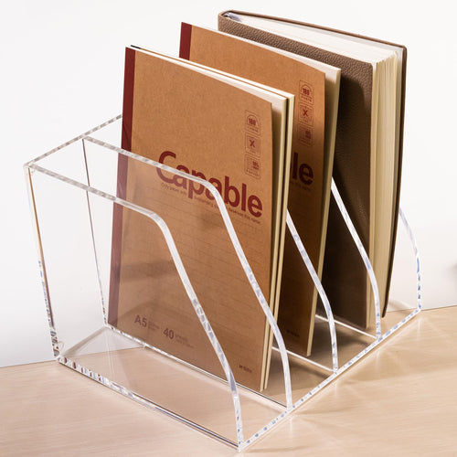 AIMOLLY Acrylic Magazine File Holder, 4 Vertical Compartments Desk Document Sorter Organizer, Clear Folder Rack Binder for Office/Home/Classroom, for Documents, Tablet, Magazines, Books & Accessories
