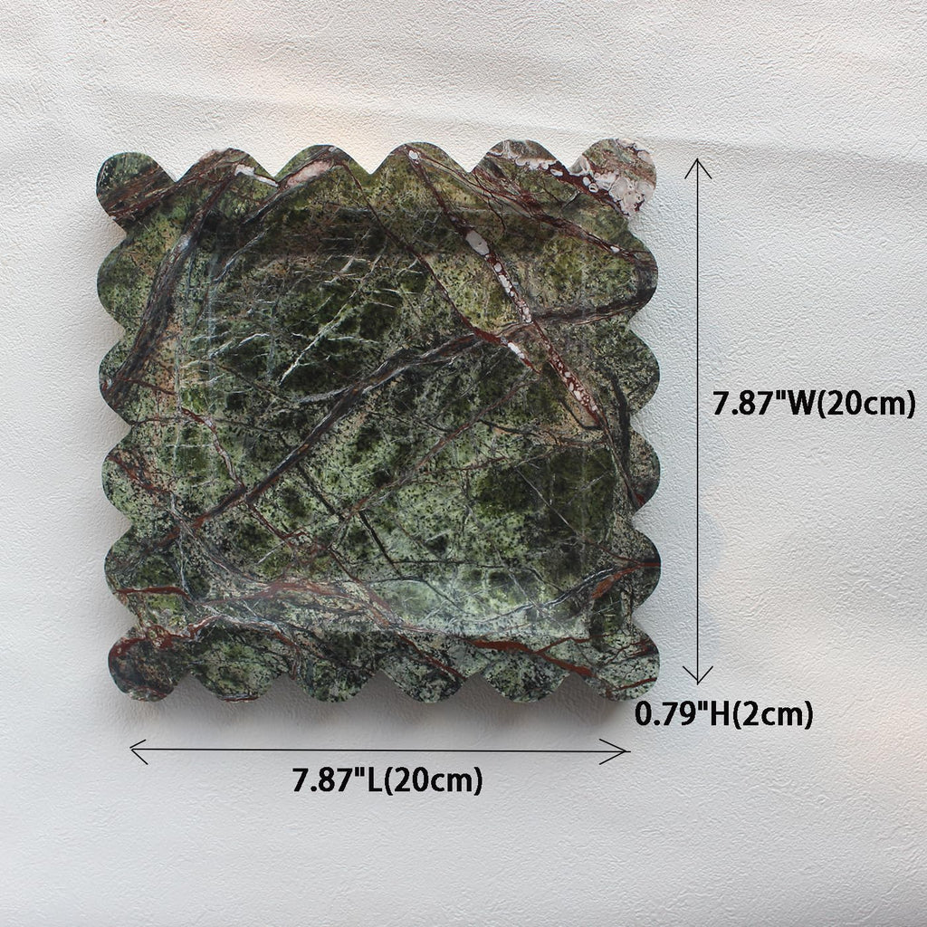 Natural Luxury Marble Tray with Scalloped Edge, Handmade Square Decorative Tray, Catch All Tray for Counter, Dresser, Nightstand and Home Décor (Rain Forest Green)