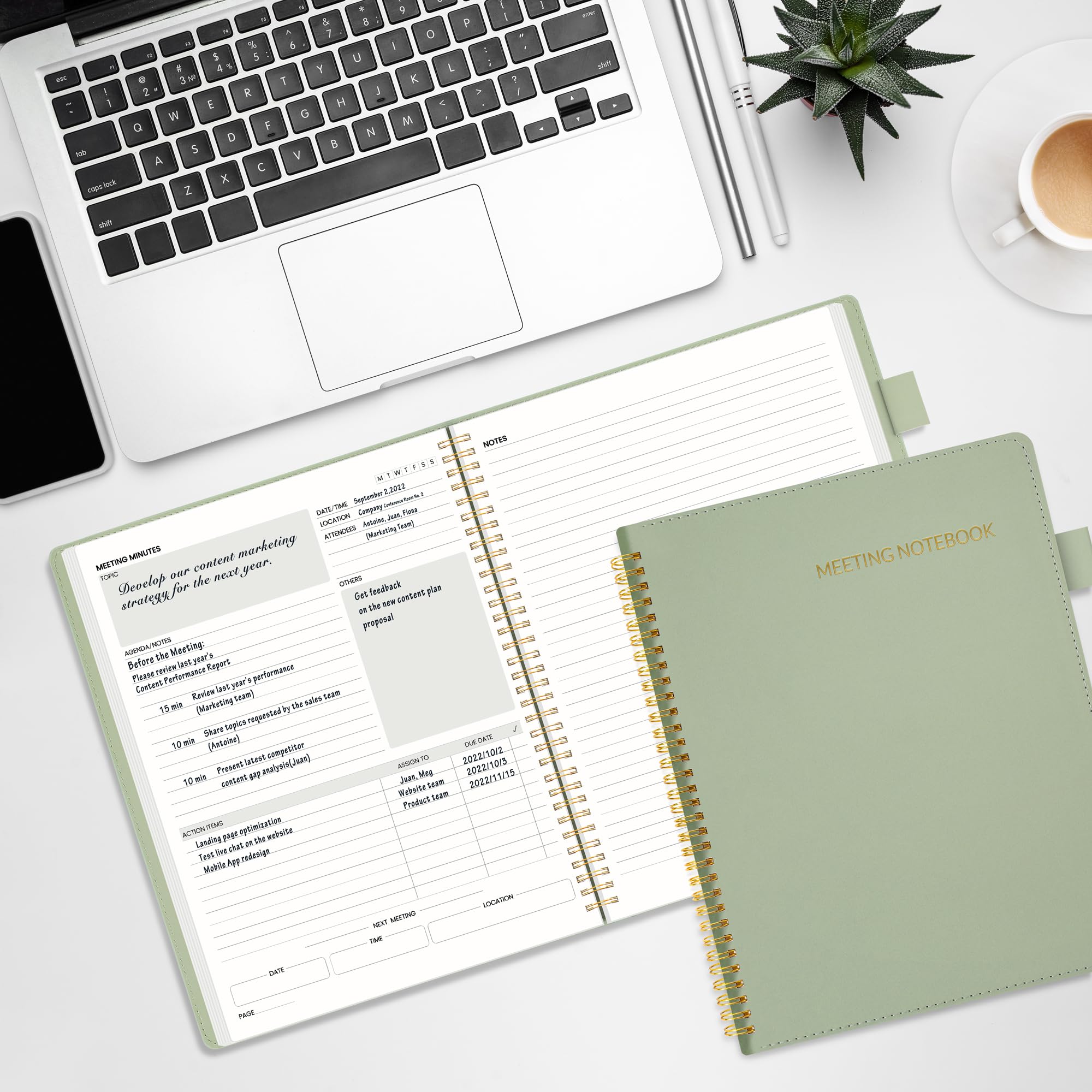 SUNEE Half Meeting Half Note - 8.5"x11" Professional Notebooks for Work - 160 Pages, A4 Size Project Planner, Spiral Meeting Agenda Organizer for Women Men, Note Taking,Office with Vegan Leather Cover