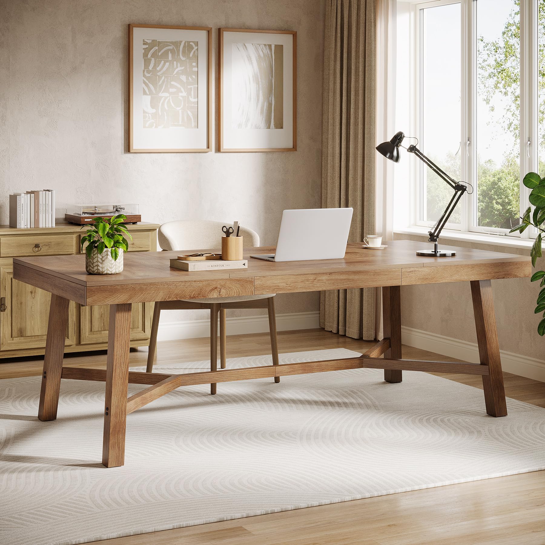 Tribesigns 71-Inch Executive Desk, Farmhouse Office Computer Desk with Sturdy Leg Structure, Rectangular Writing Table Business Furniture for Home Office, Natural