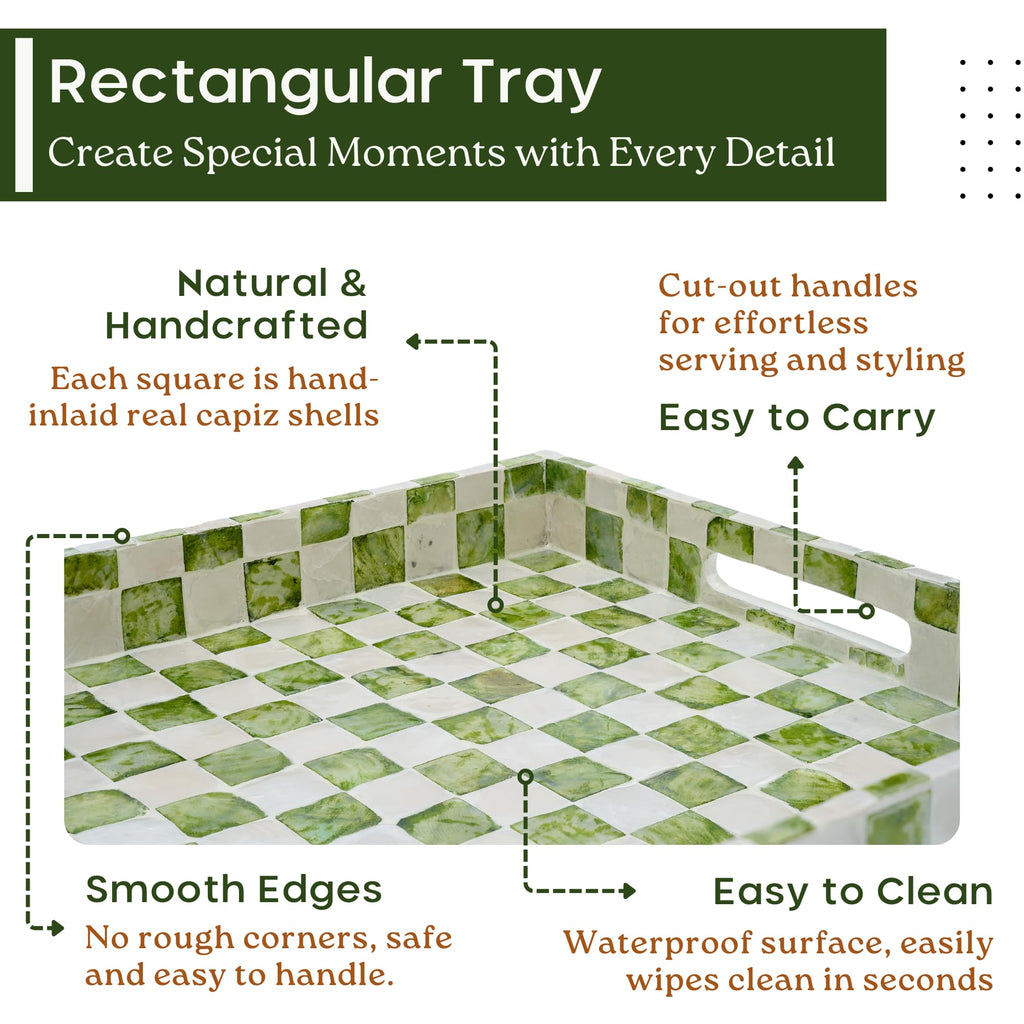 CHI AN HOME Decorative Checkered Tray with Handles, Handmade Tray with Natural Capiz Shells, Serving Tray for Ottoman, Coffee Table, Kitchen Counter Home Decor (Pistachio Green, 15.8" x 11.8")