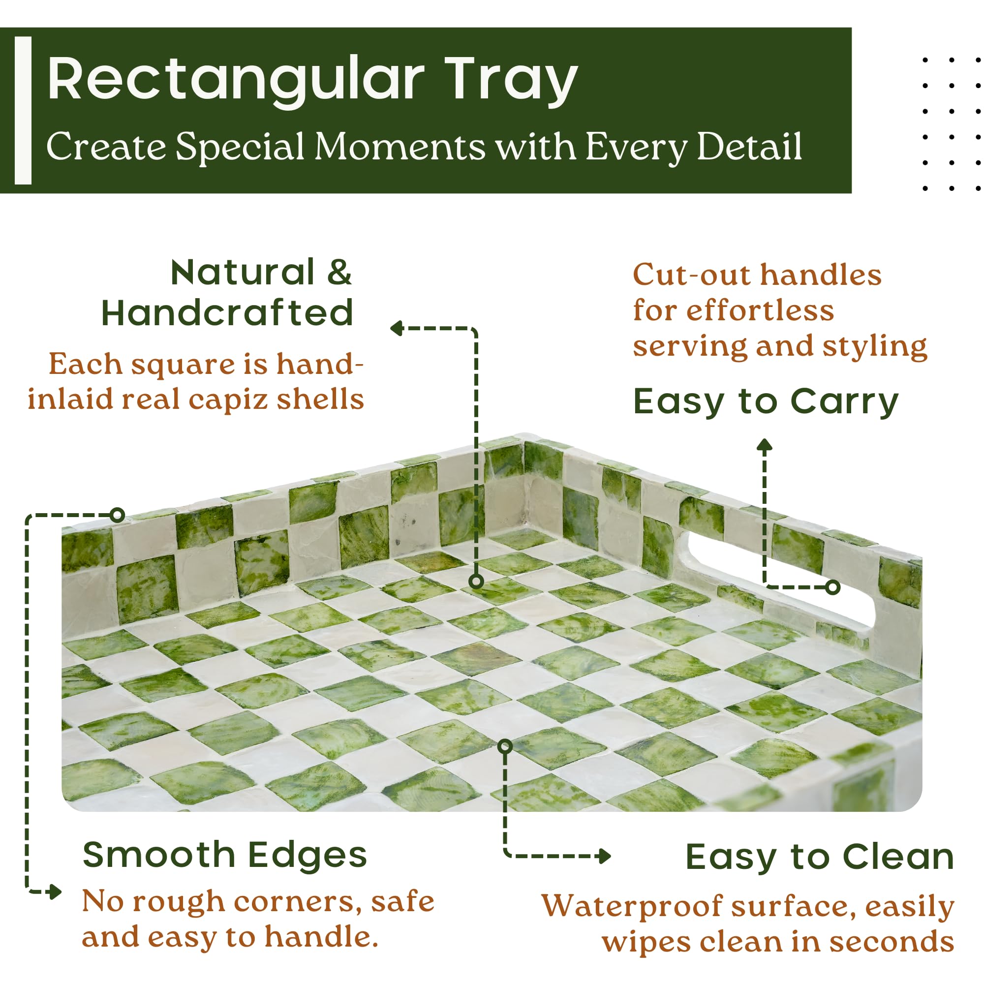 CHI AN HOME Decorative Checkered Tray with Handles, Handmade Tray with Natural Capiz Shells, Serving Tray for Ottoman, Coffee Table, Kitchen Counter Home Decor (Pistachio Green, 15.8" x 11.8")