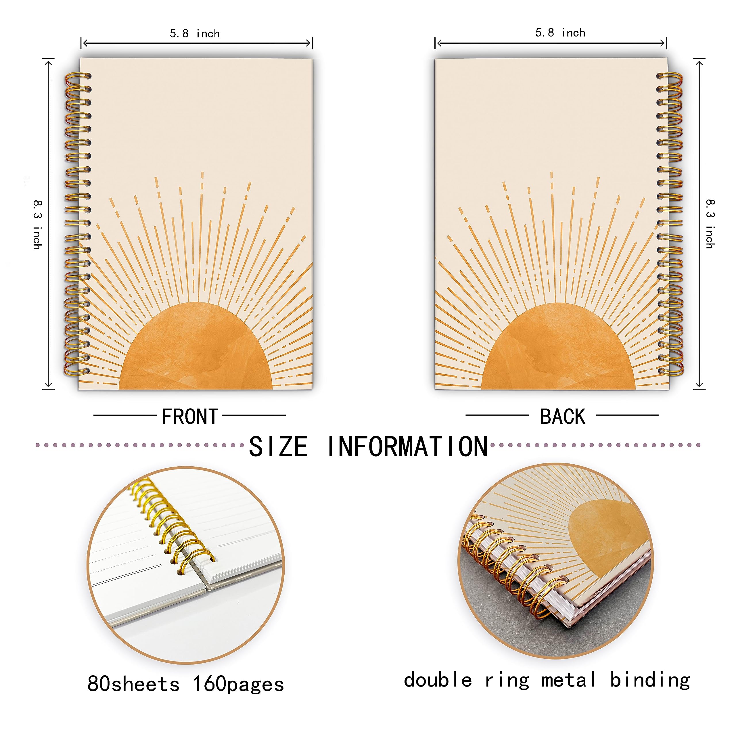 LACOSU Abstract Boho Sun Sunrise Sunset Sunshine Spiral Notebook College Ruled 5.5×8.3 Inches Hard Cover Journal Notebooks for Journaling Writing Work Office Notes Women,Boho Sun Lover Gifts for Women