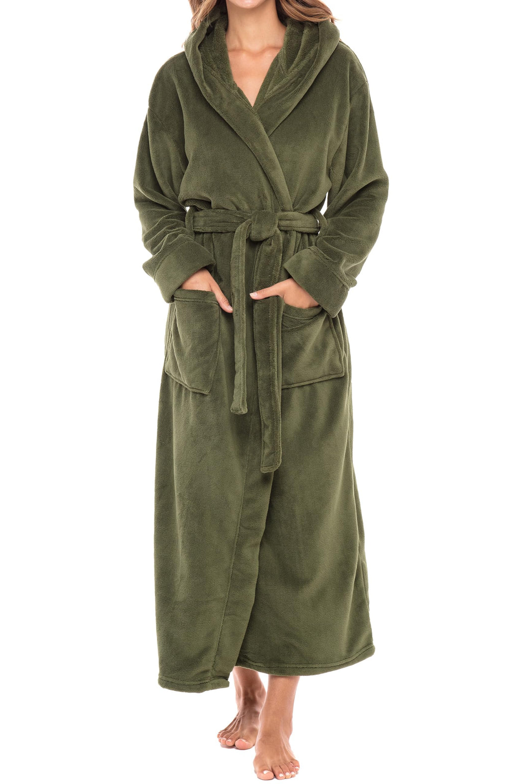 Alexander Del Rossa Womens Robe, Long Plush Bathrobe with Hood, Hooded Robes for Women Plus Size Bath Robe, Army Green, Large