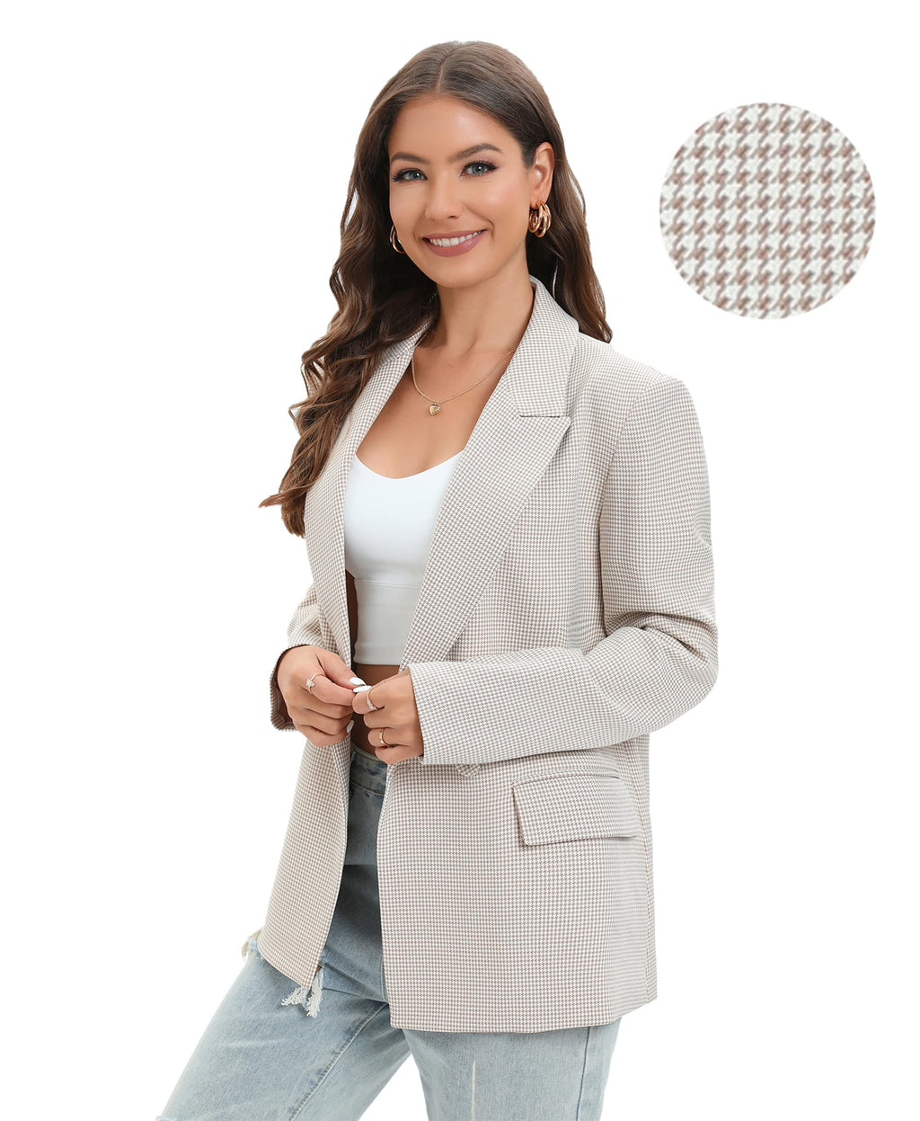 TRNY Women's Oversized Double-Breasted Houndstooth Blazer Jacket with Pockets - Long Sleeve Casual Boyfriend Style Work Office Blazer in Mini Beige
