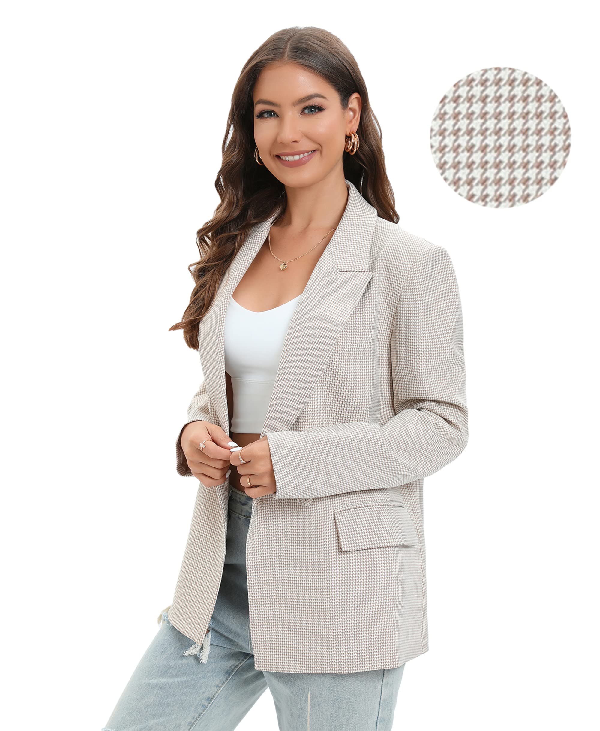 TRNY Women's Oversized Double-Breasted Houndstooth Blazer Jacket with Pockets - Long Sleeve Casual Boyfriend Style Work Office Blazer in Mini Beige